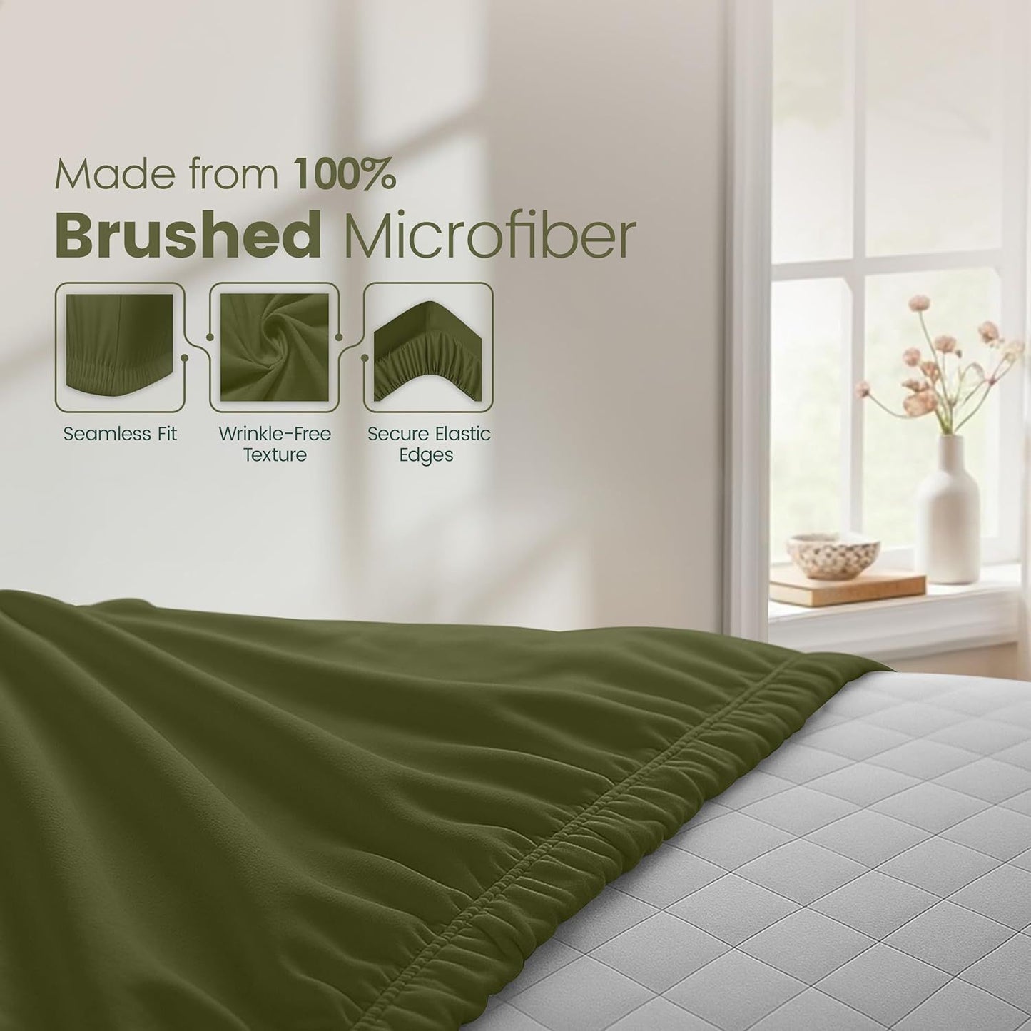 Hotel Quality Fitted Sheet - 1 Piece Fitted Sheet  -Breathable Bedding - Wrinkle, Fade, Stain Resistant- 16inch/40cm Deep Pocket Fitted Bed Sheet-Wrinkle and Fade Resistant,(Olive green,Single)