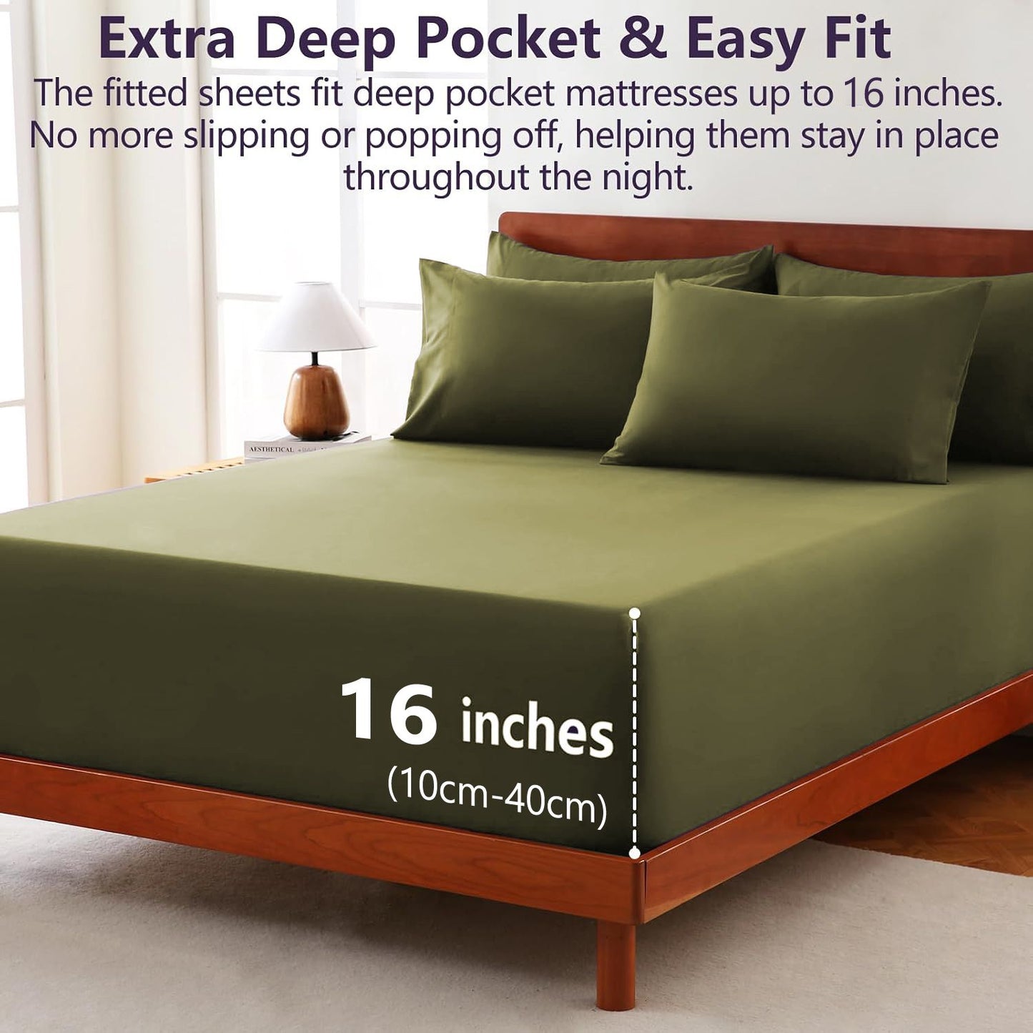 Hotel Soft Bed Sheet Set- Bedding Sheets & Pillowcases -Breathable Bedding - Wrinkle, Fade, Stain Resistant-Deep Pocket Flat Fitted Bed Sheet Set(Olive green,Super King)