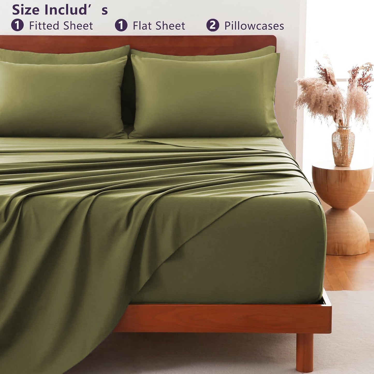 Hotel Soft Bed Sheet Set- Bedding Sheets & Pillowcases -Breathable Bedding - Wrinkle, Fade, Stain Resistant-Deep Pocket Flat Fitted Bed Sheet Set(Olive green,Super King)
