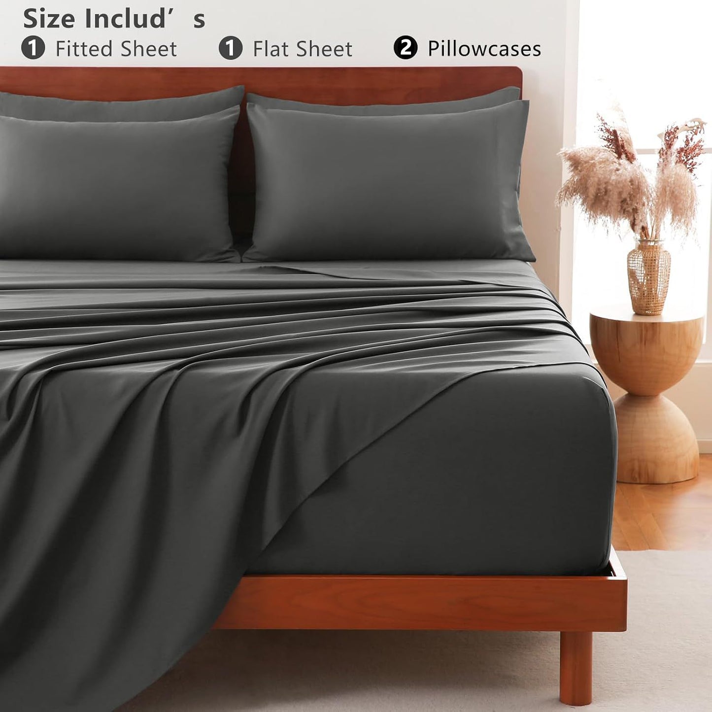 Hotel Soft Bed Sheet Set- Bedding Sheets & Pillowcases -Breathable Bedding - Wrinkle, Fade, Stain Resistant-Deep Pocket Flat Fitted Bed Sheet Set(Dark gray,Super King)