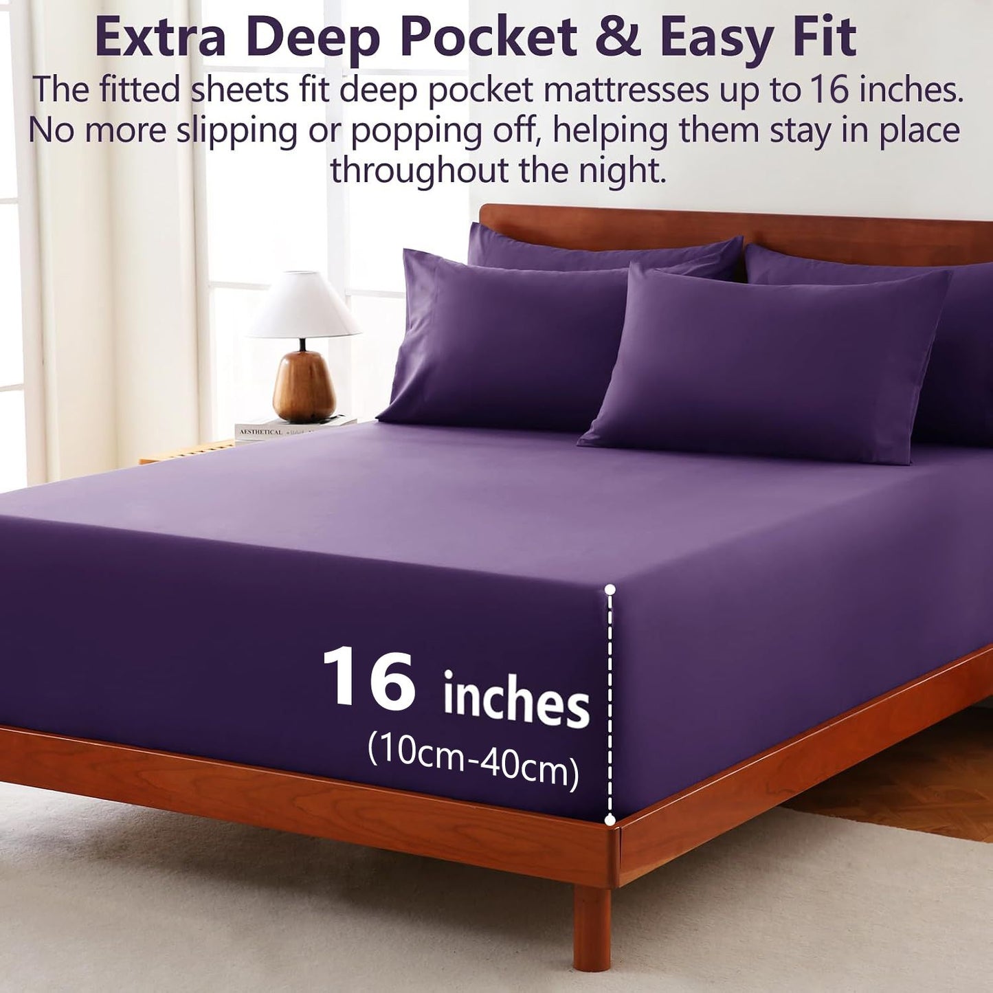 Hotel Soft Bed Sheet Set- Bedding Sheets & Pillowcases -Breathable Bedding - Wrinkle, Fade, Stain Resistant-Deep Pocket Flat Fitted Bed Sheet Set(Purple,Super King)
