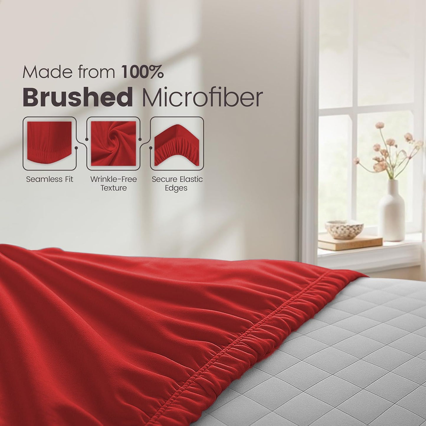Hotel Quality Fitted Sheet - 1 Piece Fitted Sheet  -Breathable Bedding - Wrinkle, Fade, Stain Resistant- 16inch/40cm Deep Pocket Fitted Bed Sheet-Wrinkle and Fade Resistant,(Red,Super King)