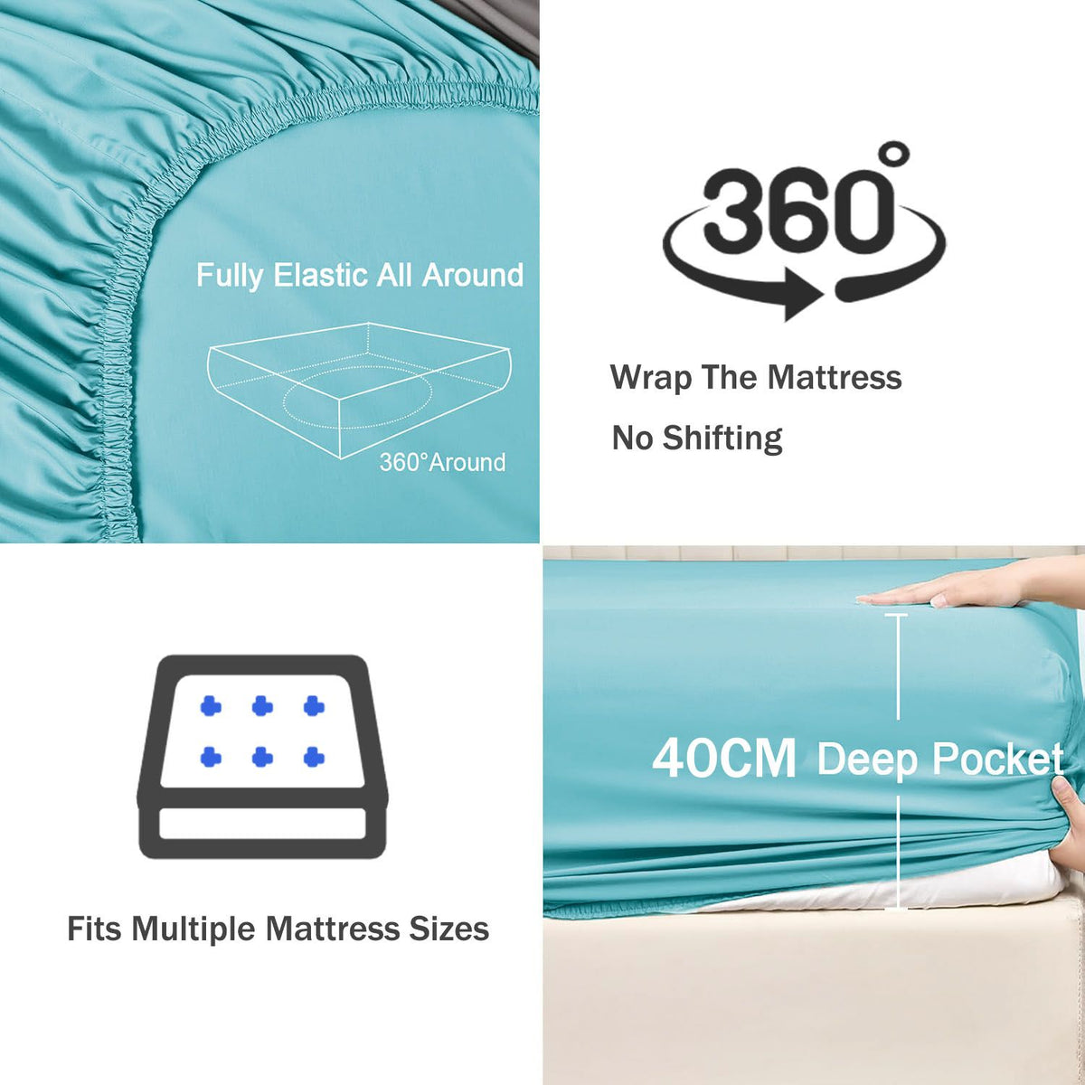 3 Piece Fitted Sheet Set- Fitted Sheet & Pillowcases -Breathable Bedding - Wrinkle, Fade, Stain Resistant- 40cm Deep Pocket Fitted Bed Sheet Set(Ice blue,Double)
