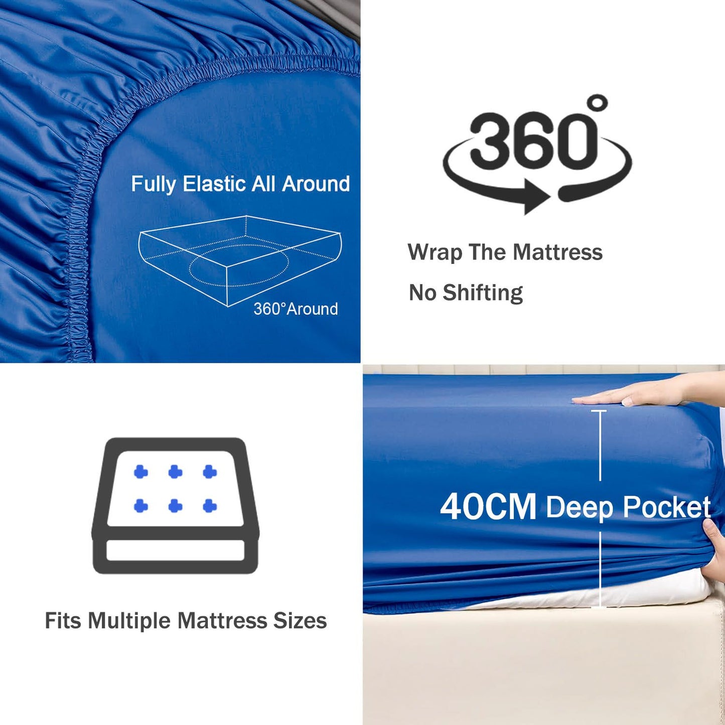 3 Piece Fitted Sheet Set- Fitted Sheet & Pillowcases -Breathable Bedding - Wrinkle, Fade, Stain Resistant- 40cm Deep Pocket Fitted Bed Sheet Set(Royal blue,Double)