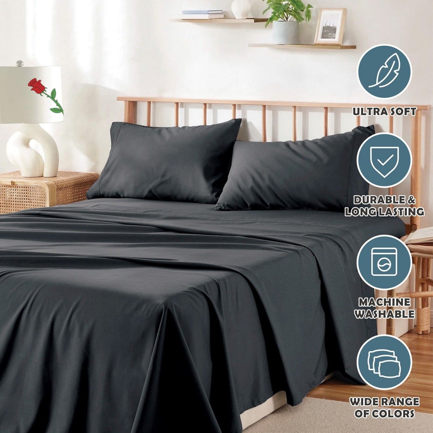 4 Piece Bed Sheet Set- Bedding Sheets & Pillowcases -Breathable Bedding - Wrinkle, Fade, Stain Resistant-Deep Pocket Flat Fitted Bed Sheet Set(Black,Double)