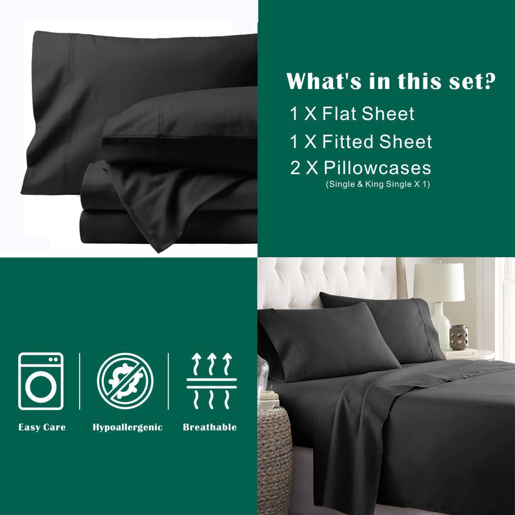 4 Piece Bed Sheet Set- Bedding Sheets & Pillowcases -Breathable Bedding - Wrinkle, Fade, Stain Resistant-Deep Pocket Flat Fitted Bed Sheet Set(Black,Double)