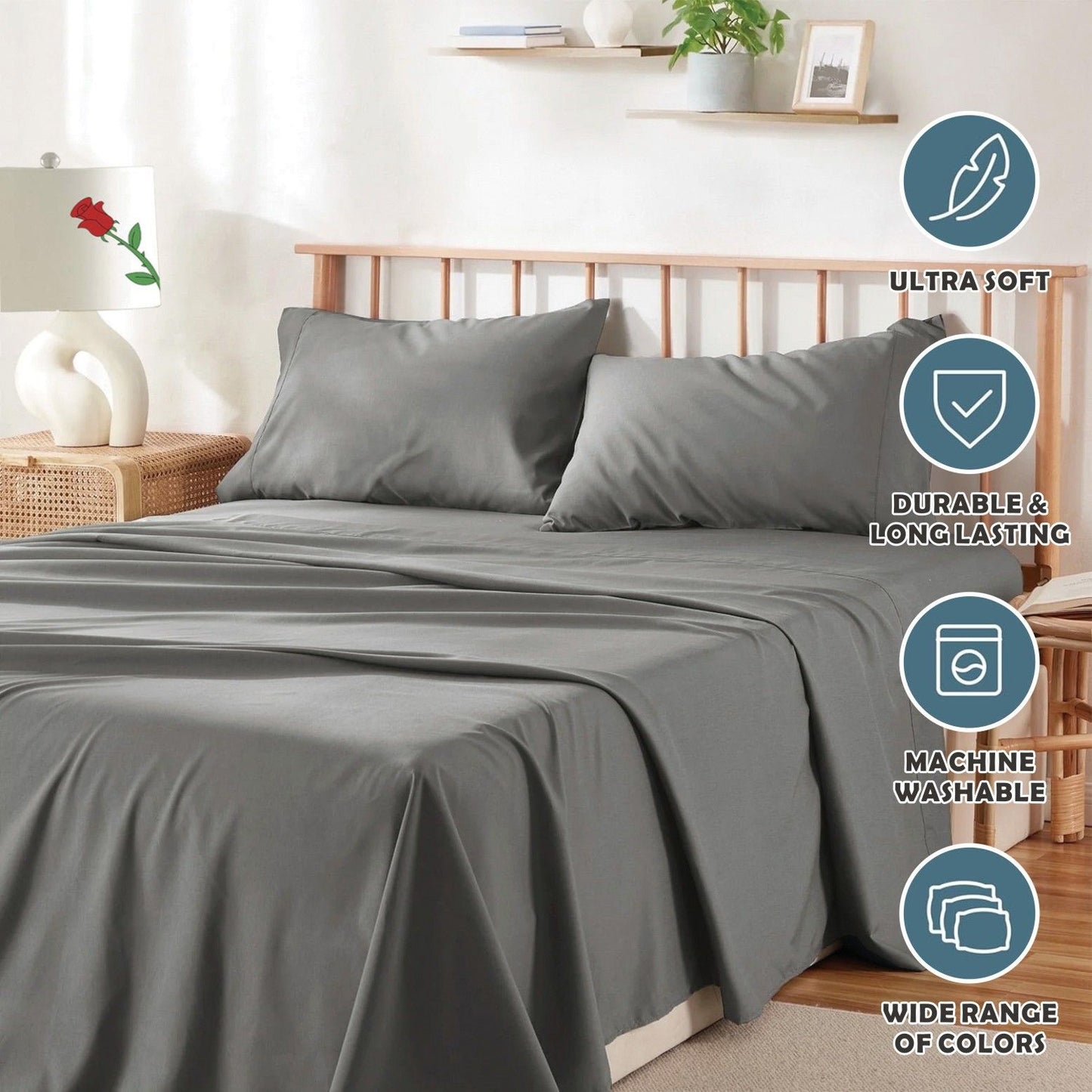 4 Piece Bed Sheet Set- Bedding Sheets & Pillowcases -Breathable Bedding - Wrinkle, Fade, Stain Resistant-Deep Pocket Flat Fitted Bed Sheet Set(Grey,Double)