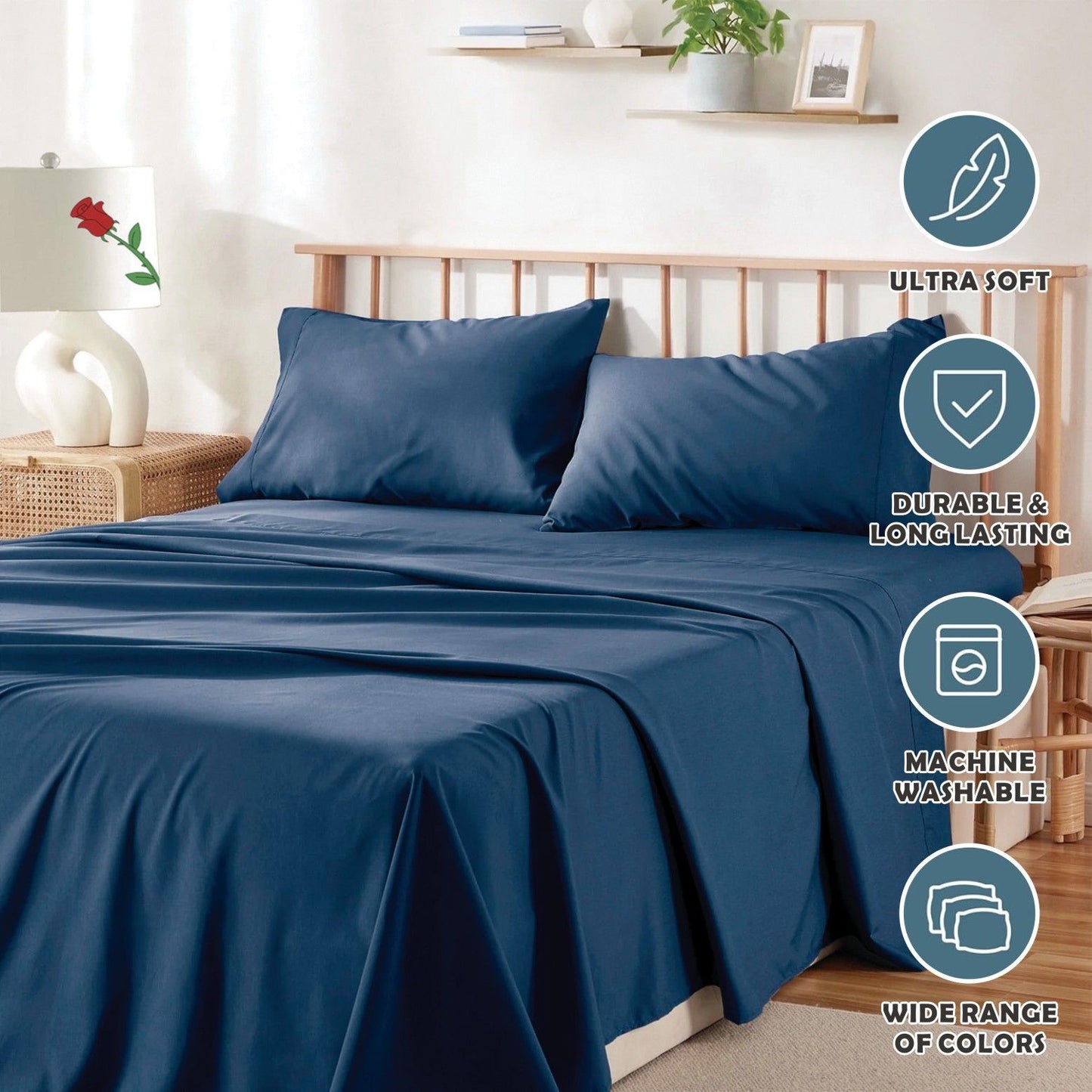 4 Piece Bed Sheet Set- Bedding Sheets & Pillowcases -Breathable Bedding - Wrinkle, Fade, Stain Resistant-Deep Pocket Flat Fitted Bed Sheet Set(Navy,Double)