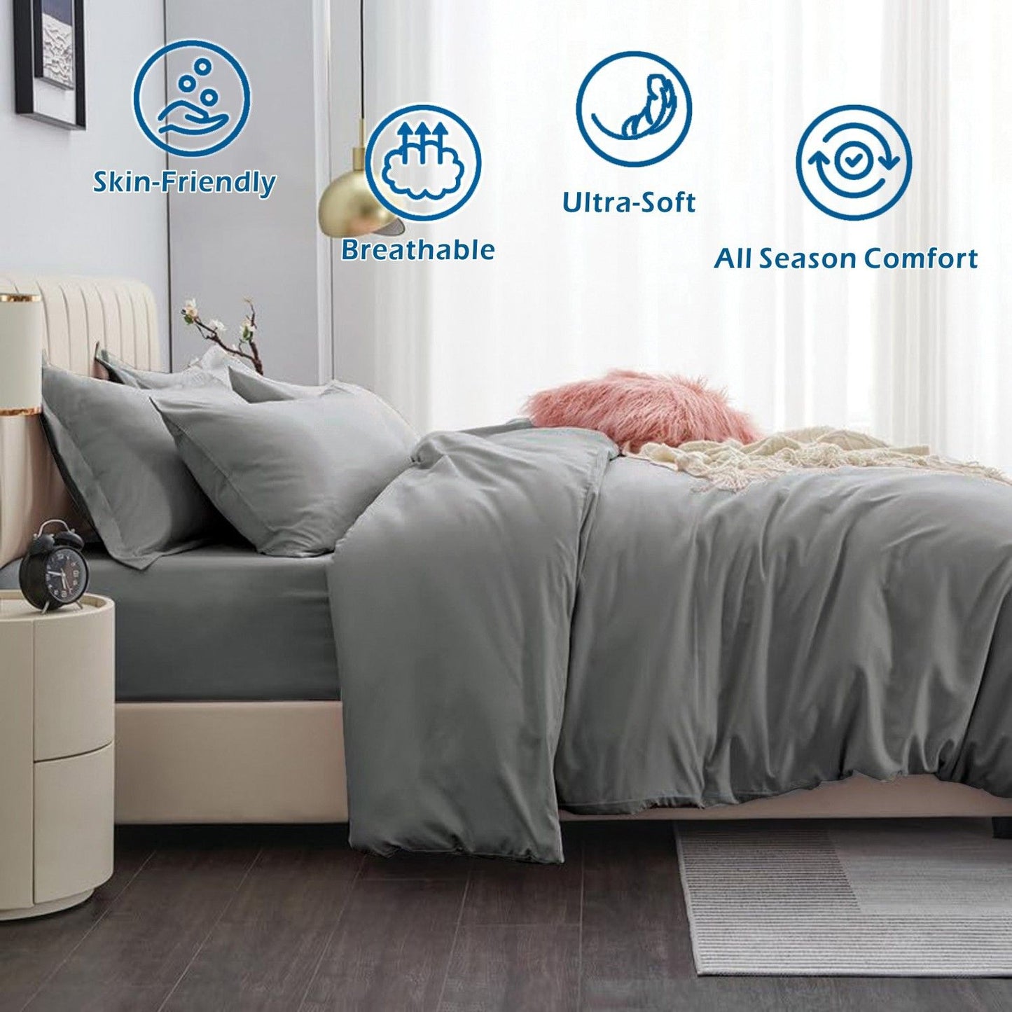 3 Piece Hotel Soft Microfiber Quilt Cover Set-2000TC Duvet/Donna Cover Set & Pillowcases -1 Quilt Cover Zipper Closure & 1 x Pillowcases-Breathable Bedding - Wrinkle, Fade, Stain Resistant(Grey,King)