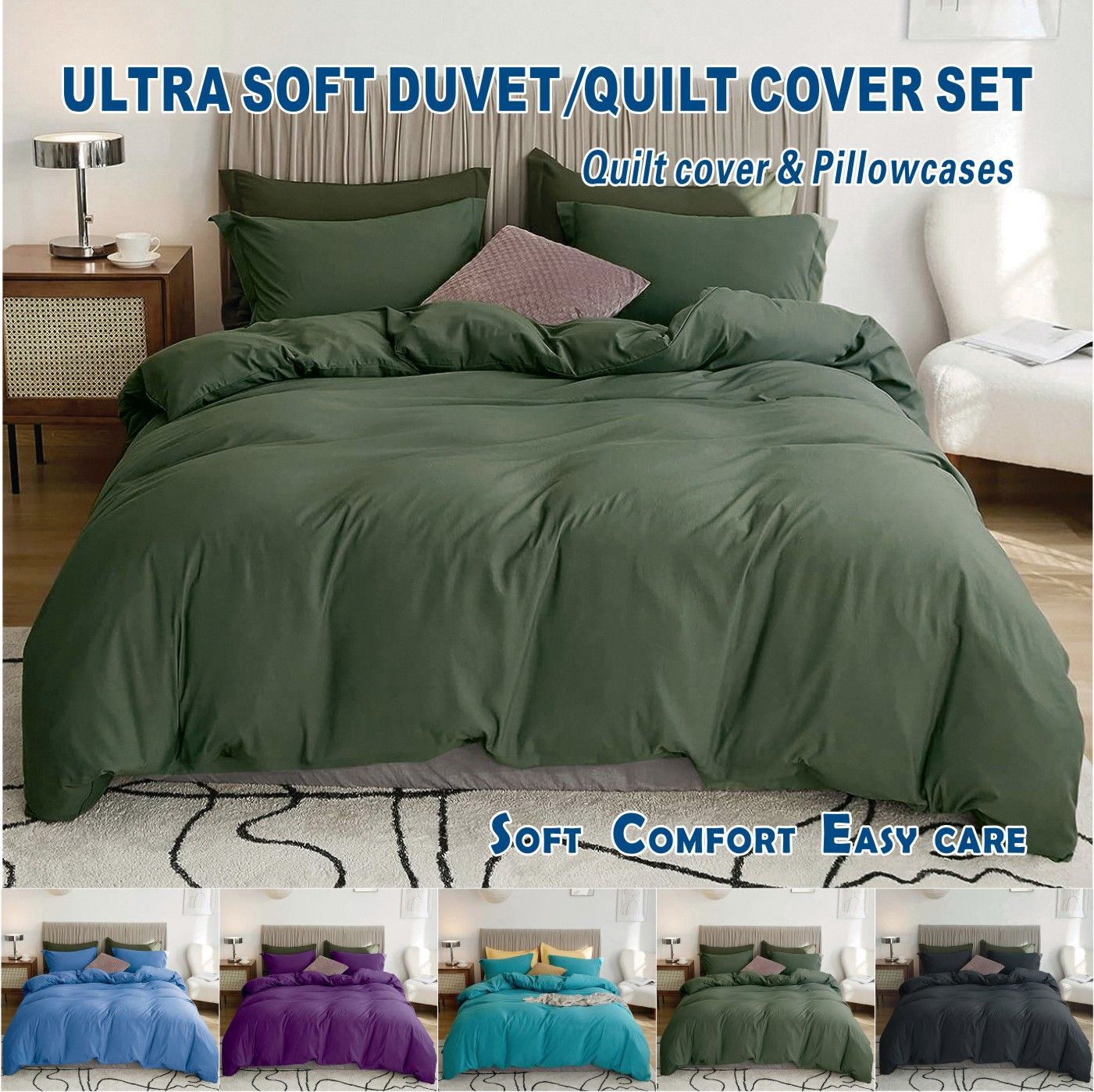 3 Piece Hotel Soft Microfiber Quilt Cover Set-2000TC Duvet/Donna Cover Set & Pillowcases -1 Quilt Cover Zipper Closure & 1 x Pillowcases-Breathable Bedding - Wrinkle, Fade, Stain Resistant(Olive green,King)