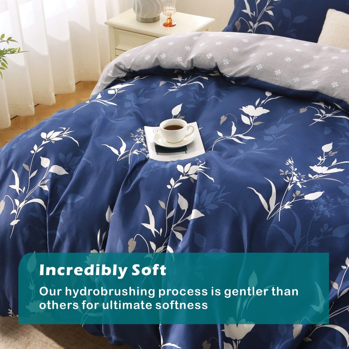 3 Piece Hotel Soft Microfiber Quilt Cover Set-2000TC Duvet/Donna Cover Set & Pillowcases -1 Quilt Cover Zipper Closure & 1 x Pillowcases-Breathable Bedding - Wrinkle, Fade, Stain Resistant(Navy Floral,King)