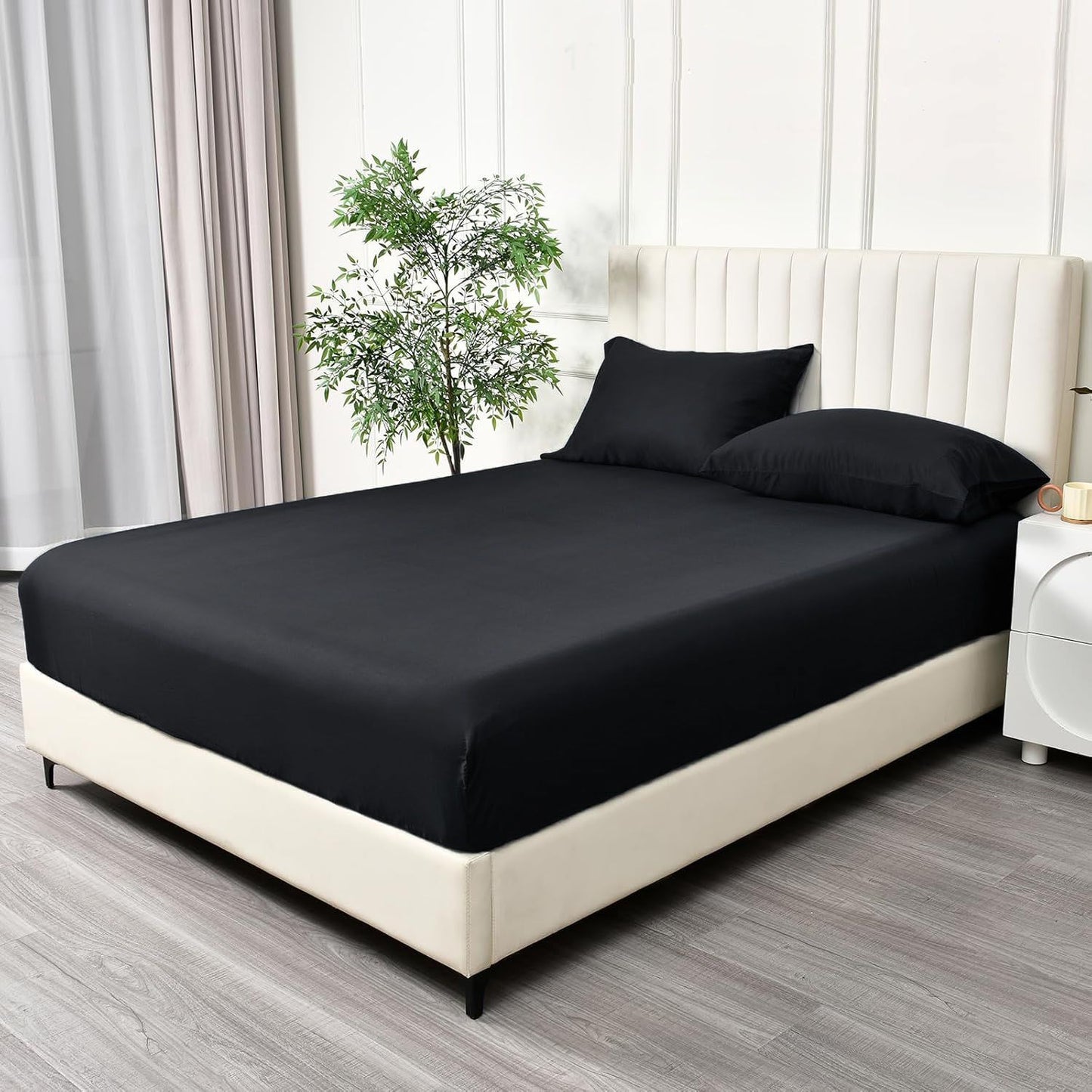 3 Piece Fitted Sheet Set- Fitted Sheet & Pillowcases -Breathable Bedding - Wrinkle, Fade, Stain Resistant- 40cm Deep Pocket Fitted Bed Sheet Set(Black,King)