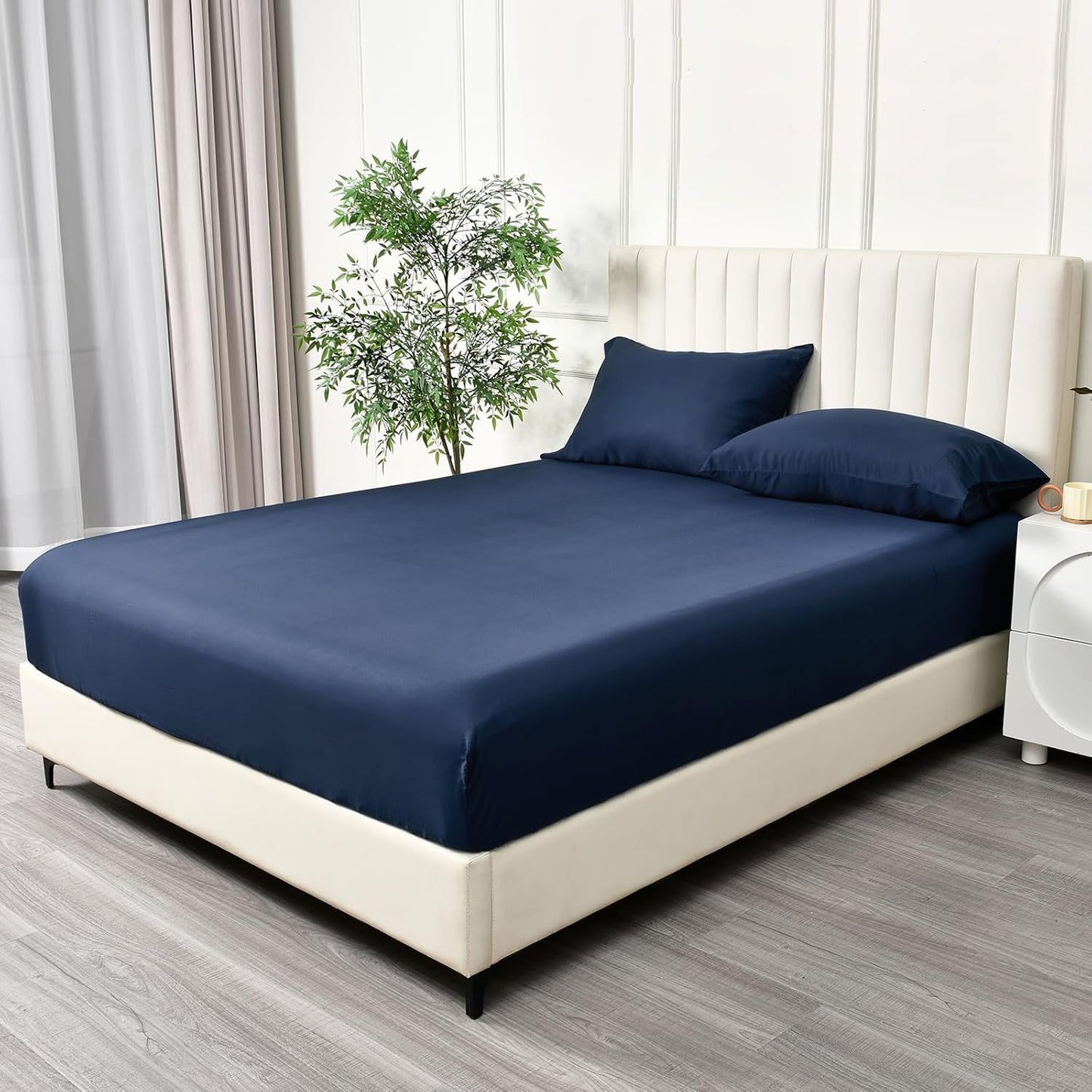 3 Piece Fitted Sheet Set- Fitted Sheet & Pillowcases -Breathable Bedding - Wrinkle, Fade, Stain Resistant- 40cm Deep Pocket Fitted Bed Sheet Set(Navy,King)