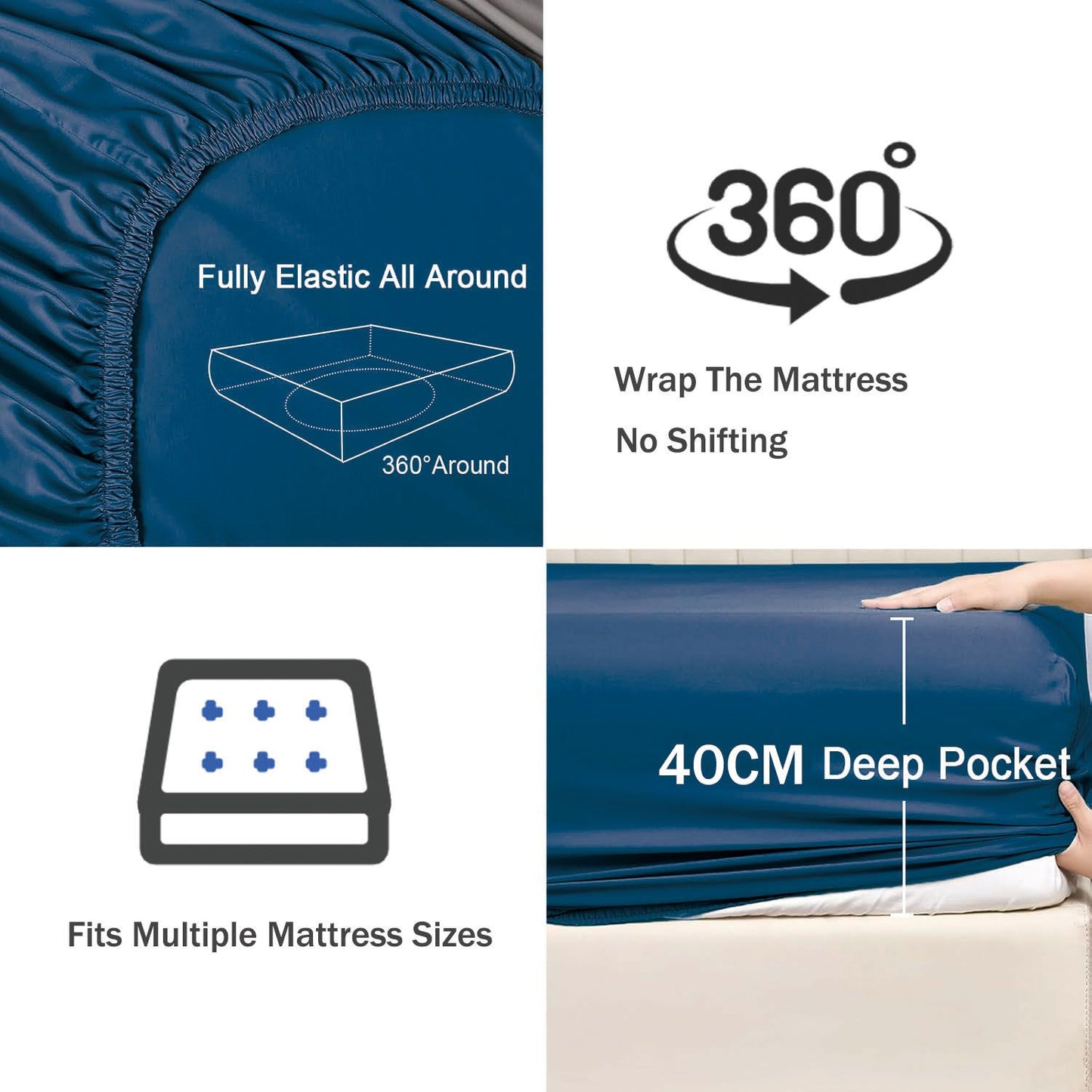 3 Piece Fitted Sheet Set- Fitted Sheet & Pillowcases -Breathable Bedding - Wrinkle, Fade, Stain Resistant- 40cm Deep Pocket Fitted Bed Sheet Set(Navy,King)