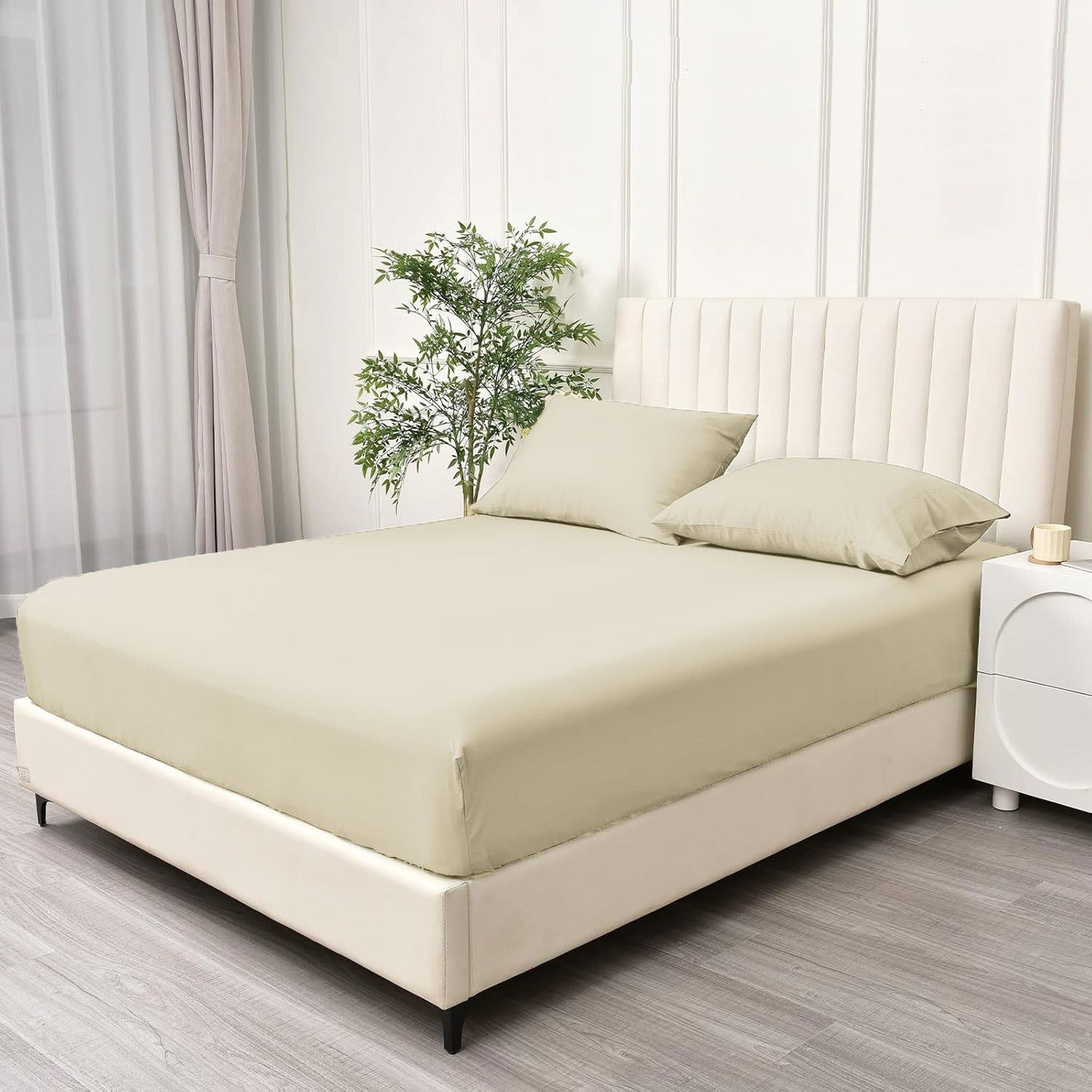 3 Piece Fitted Sheet Set- Fitted Sheet & Pillowcases -Breathable Bedding - Wrinkle, Fade, Stain Resistant- 40cm Deep Pocket Fitted Bed Sheet Set(Cream White,King)