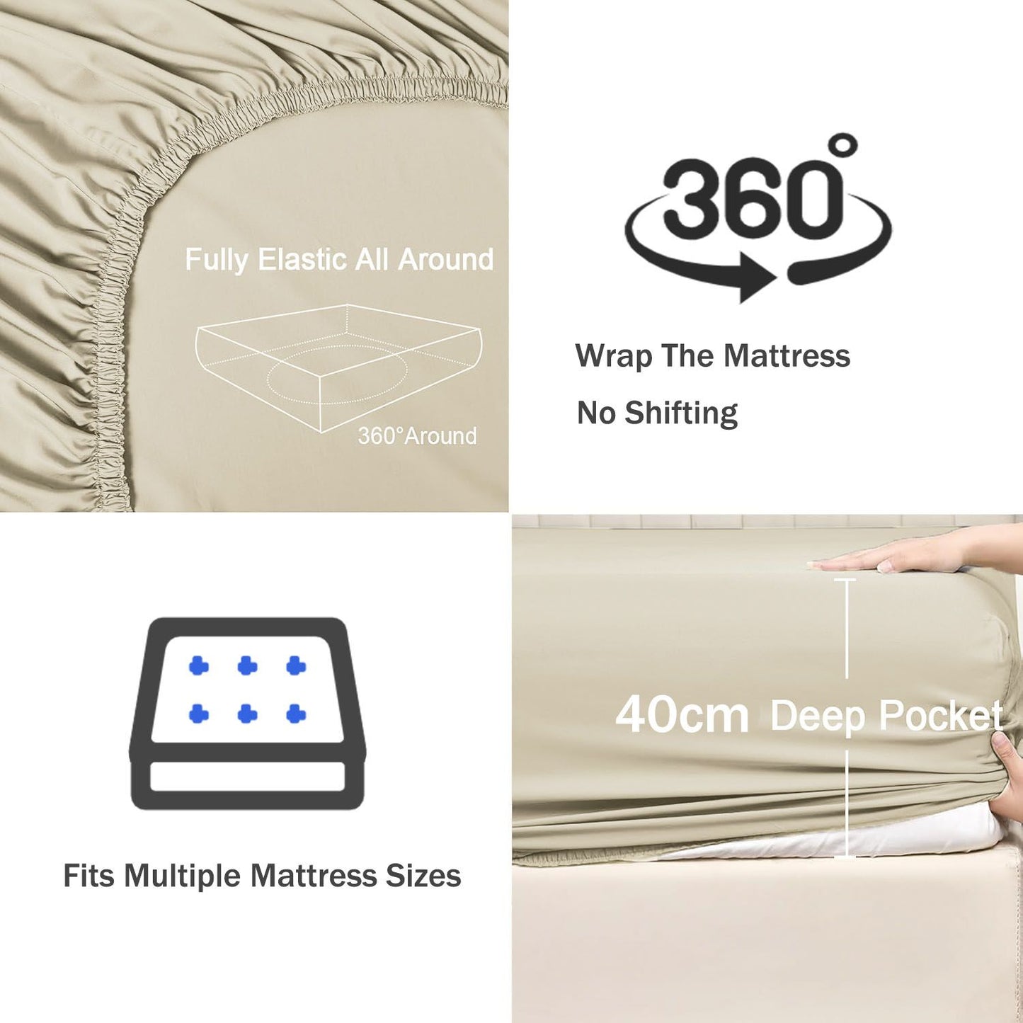 3 Piece Fitted Sheet Set- Fitted Sheet & Pillowcases -Breathable Bedding - Wrinkle, Fade, Stain Resistant- 40cm Deep Pocket Fitted Bed Sheet Set(Cream White,King)