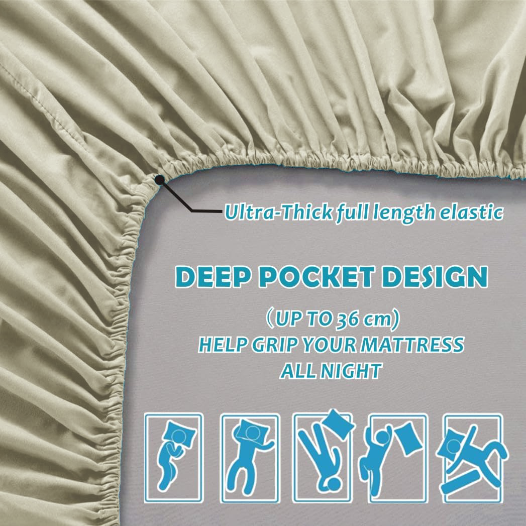 3 Piece Fitted Sheet Set- Fitted Sheet & Pillowcases -Breathable Bedding - Wrinkle, Fade, Stain Resistant- 40cm Deep Pocket Fitted Bed Sheet Set(Cream White,King)