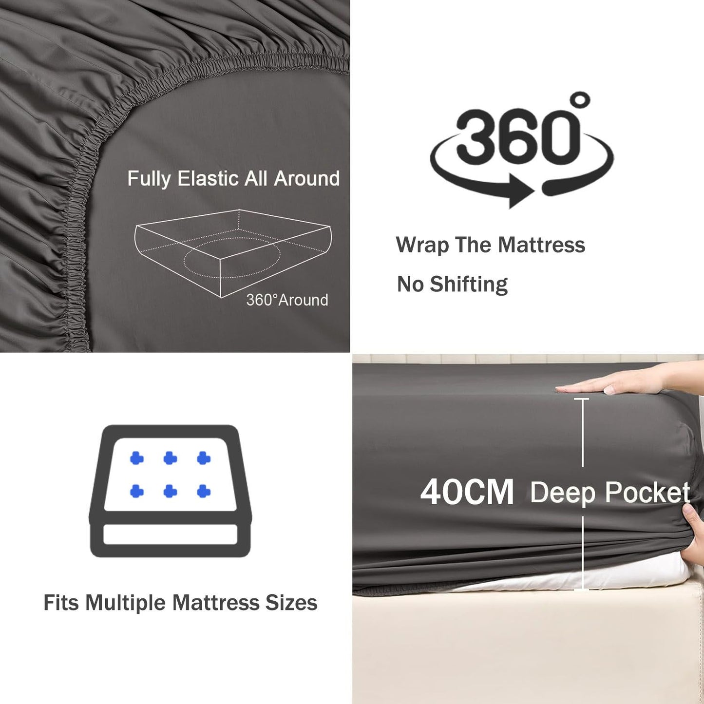 3 Piece Fitted Sheet Set- Fitted Sheet & Pillowcases -Breathable Bedding - Wrinkle, Fade, Stain Resistant- 40cm Deep Pocket Fitted Bed Sheet Set(Dark gray,King)