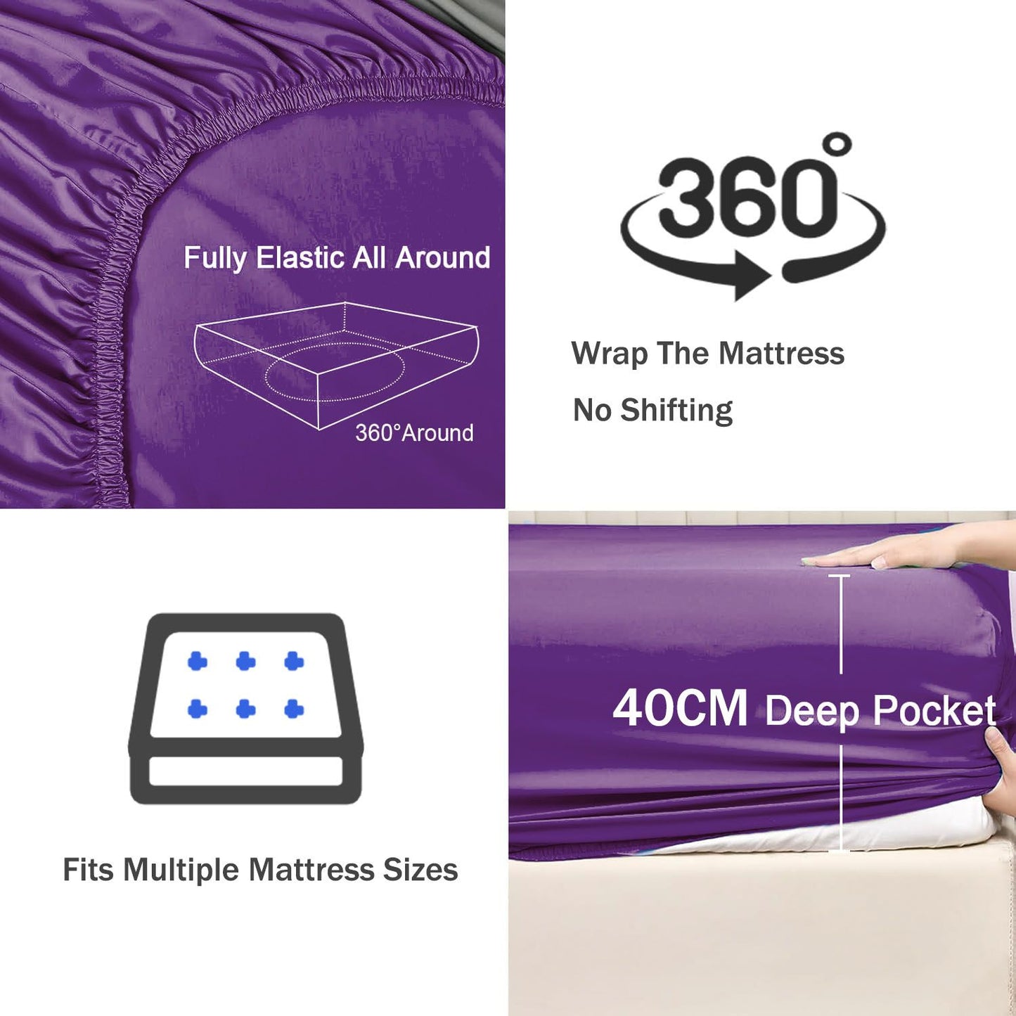 3 Piece Fitted Sheet Set- Fitted Sheet & Pillowcases -Breathable Bedding - Wrinkle, Fade, Stain Resistant- 40cm Deep Pocket Fitted Bed Sheet Set(Purple,King)