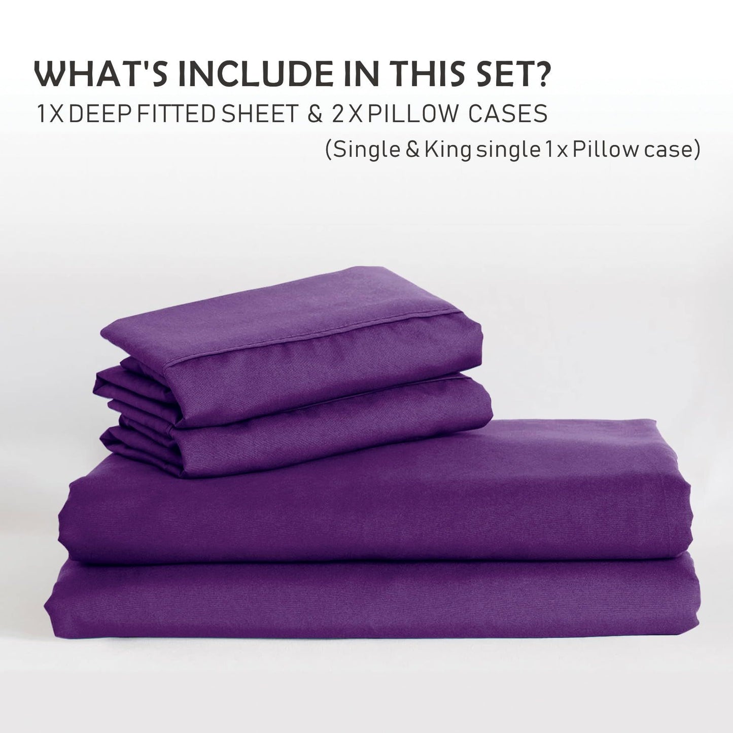 3 Piece Fitted Sheet Set- Fitted Sheet & Pillowcases -Breathable Bedding - Wrinkle, Fade, Stain Resistant- 40cm Deep Pocket Fitted Bed Sheet Set(Purple,King)