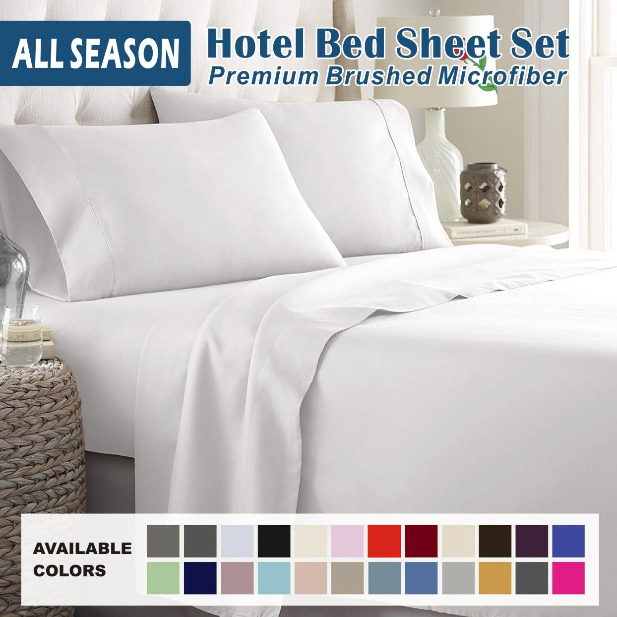 4 Piece Bed Sheet Set- Bedding Sheets & Pillowcases -Breathable Bedding - Wrinkle, Fade, Stain Resistant-Deep Pocket Flat Fitted Bed Sheet Set(White,King)