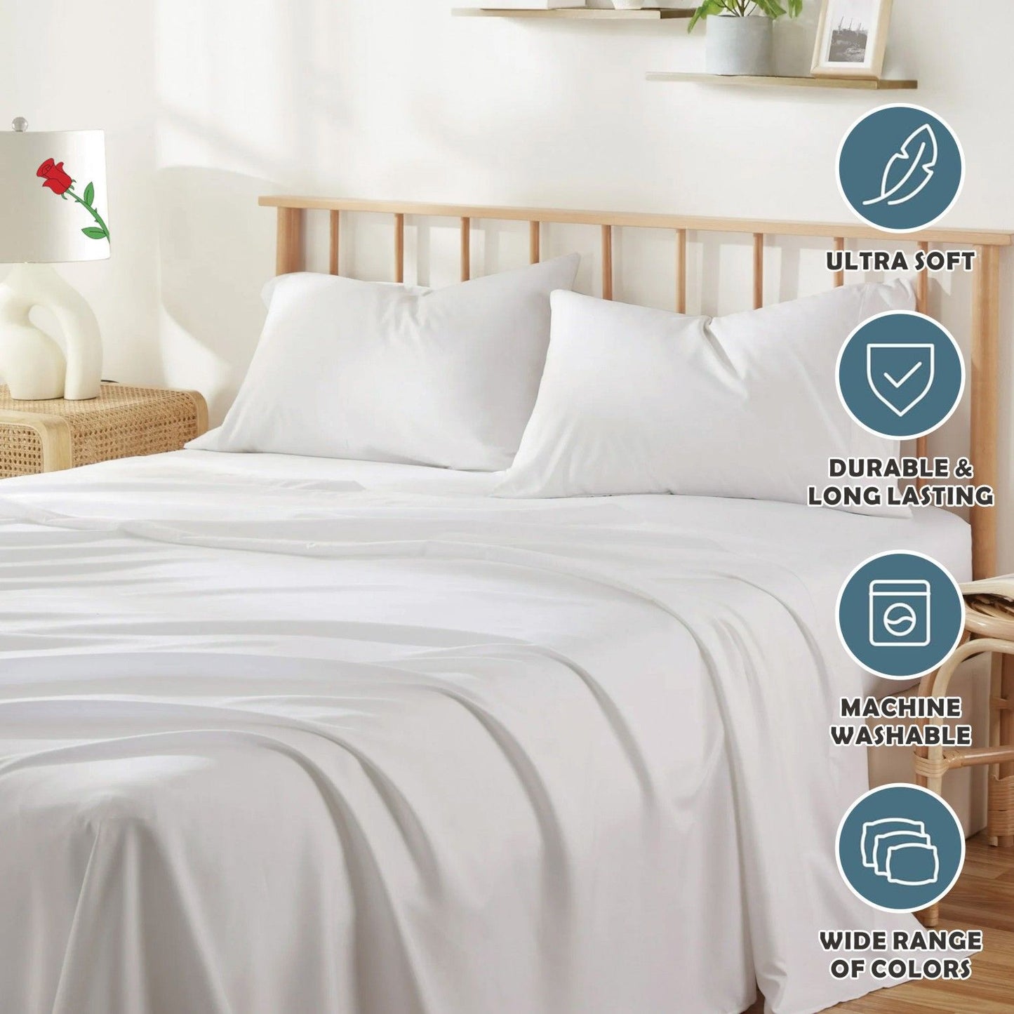 4 Piece Bed Sheet Set- Bedding Sheets & Pillowcases -Breathable Bedding - Wrinkle, Fade, Stain Resistant-Deep Pocket Flat Fitted Bed Sheet Set(White,King)