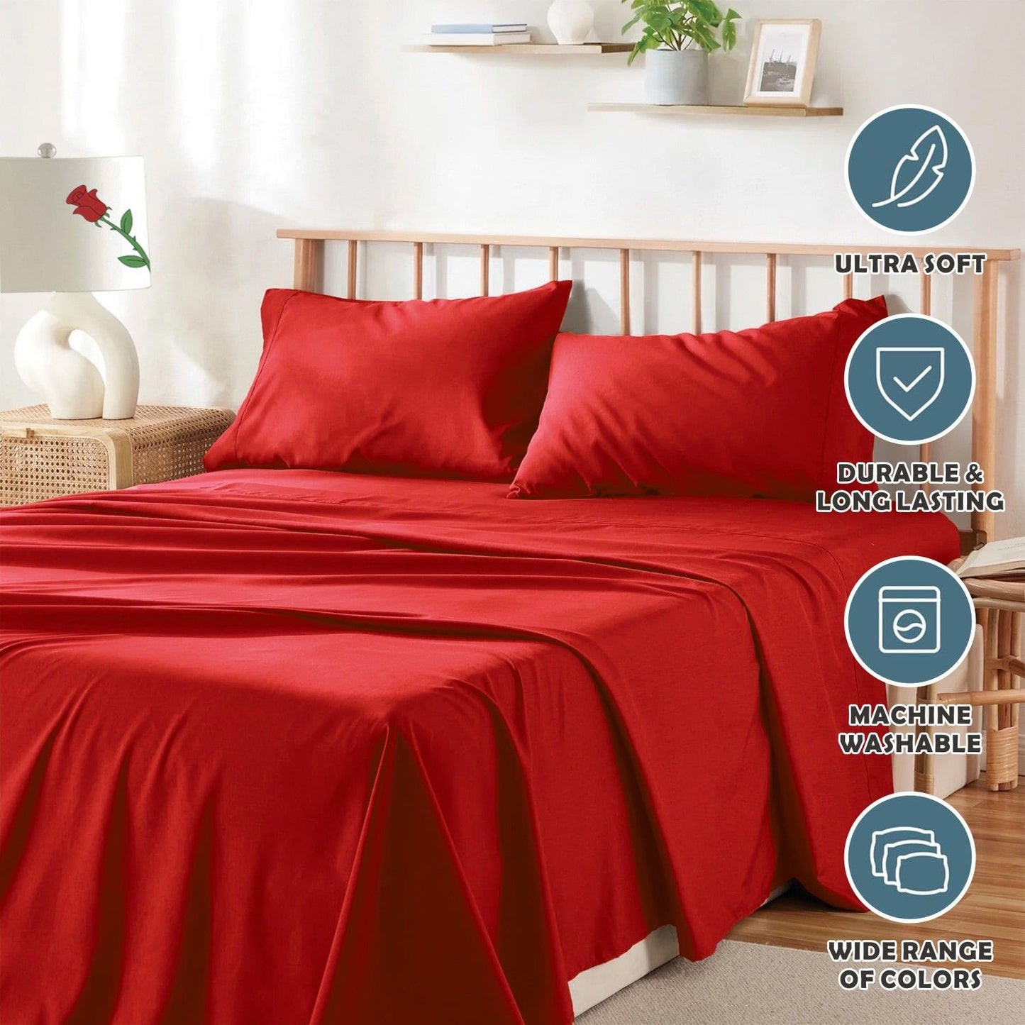 4 Piece Bed Sheet Set- Bedding Sheets & Pillowcases -Breathable Bedding - Wrinkle, Fade, Stain Resistant-Deep Pocket Flat Fitted Bed Sheet Set(Red,King)