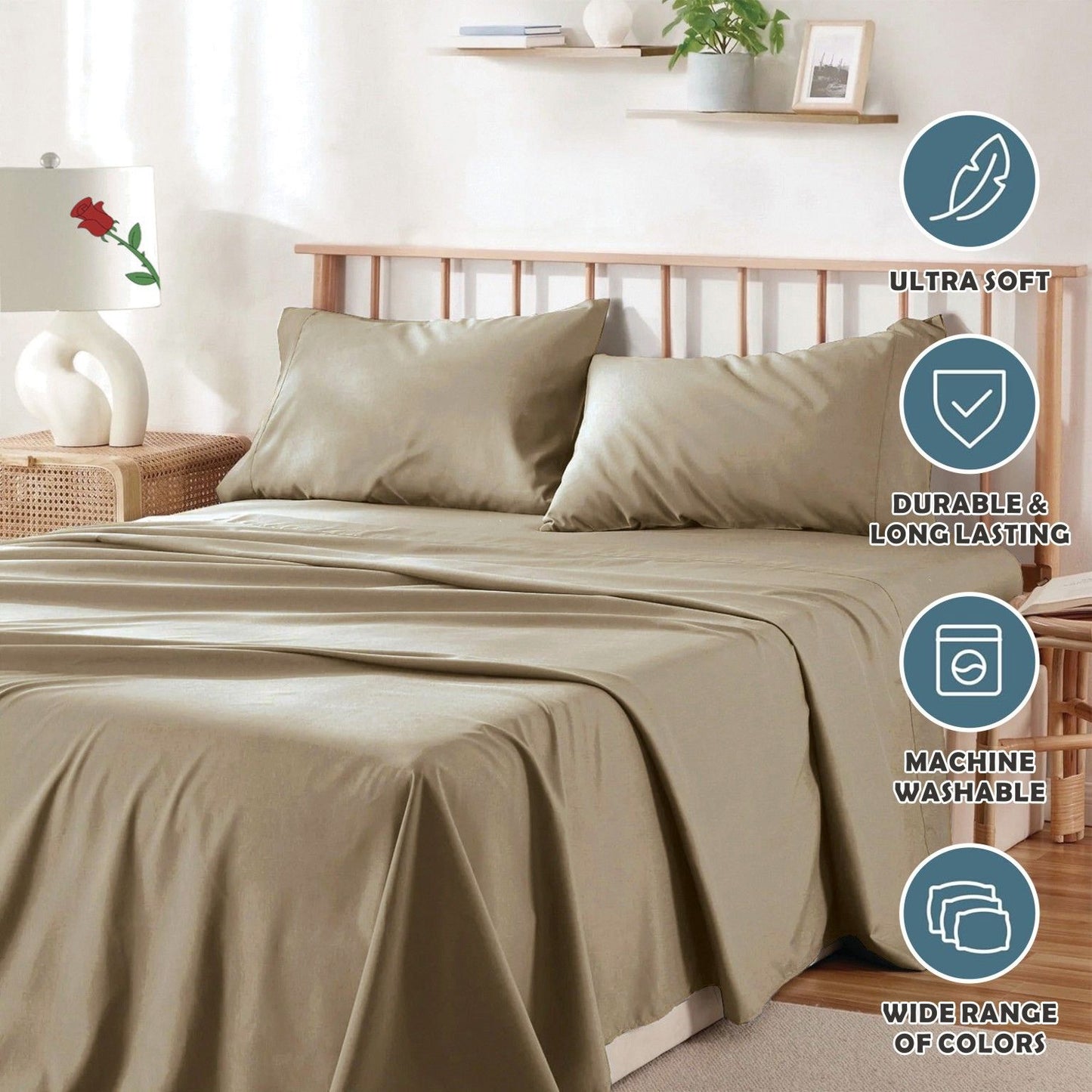 4 Piece Bed Sheet Set- Bedding Sheets & Pillowcases -Breathable Bedding - Wrinkle, Fade, Stain Resistant-Deep Pocket Flat Fitted Bed Sheet Set(Camel Beige,King)