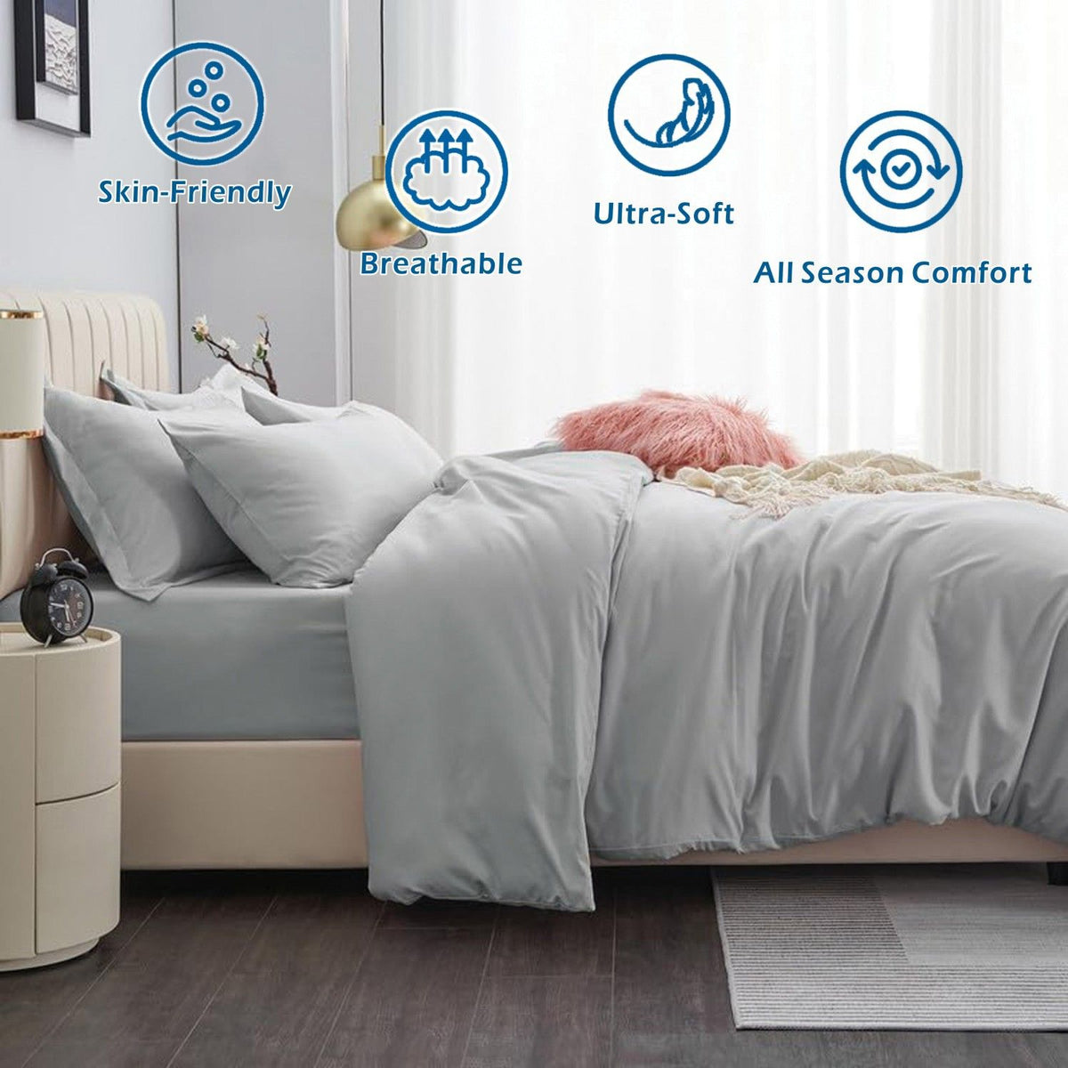 2 Piece Hotel Soft Microfiber Quilt Cover Set-2000TC Duvet/Donna Cover Set & Pillowcases -1 Quilt Cover Zipper Closure & 1 x Pillowcases-Breathable Bedding - Wrinkle, Fade, Stain Resistant(Silver-gray,King Single)