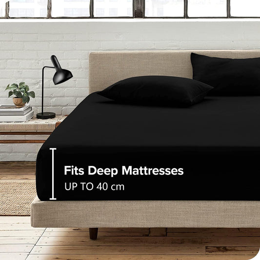 2 Piece Fitted Sheet Set- Fitted Sheet & Pillowcases -Breathable Bedding - Wrinkle, Fade, Stain Resistant- 40cm Deep Pocket Fitted Bed Sheet Set(Black,King Single)