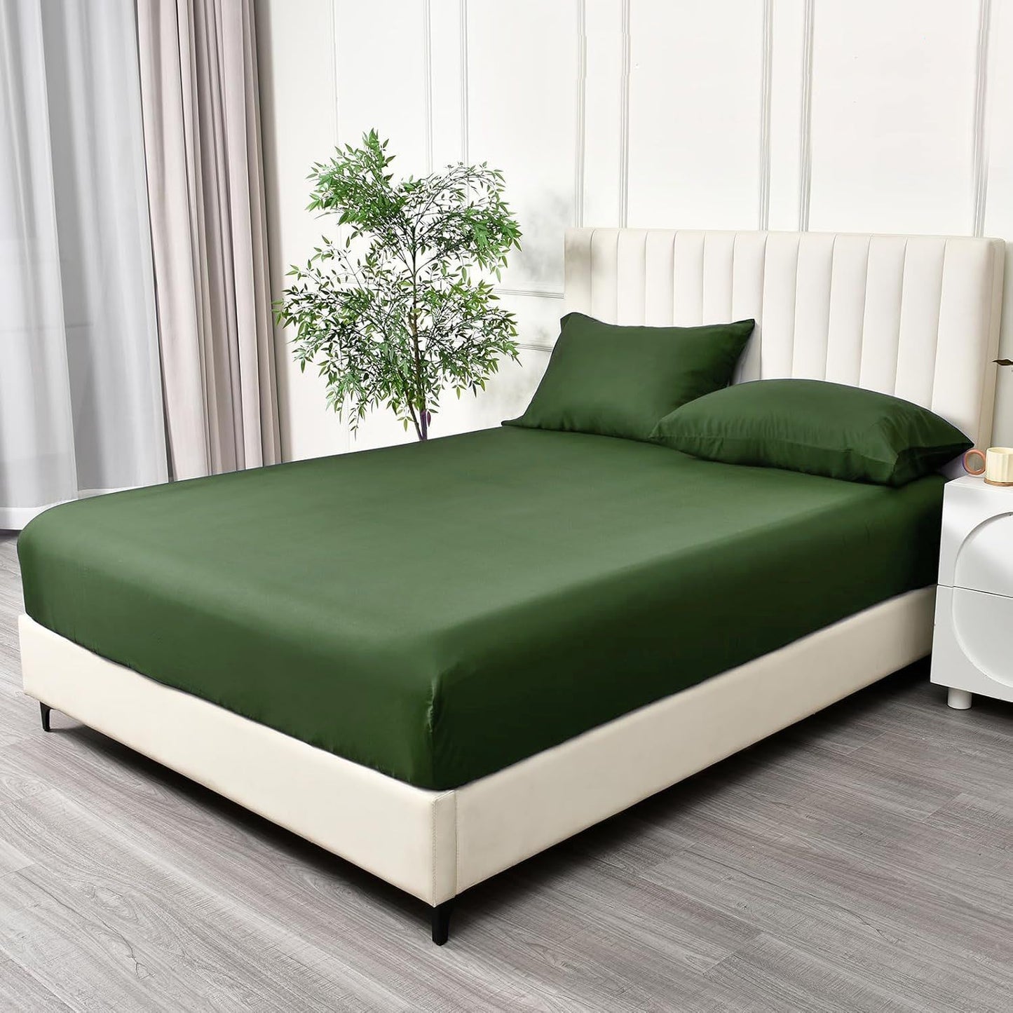 2 Piece Fitted Sheet Set- Fitted Sheet & Pillowcases -Breathable Bedding - Wrinkle, Fade, Stain Resistant- 40cm Deep Pocket Fitted Bed Sheet Set(Olive green,King Single)