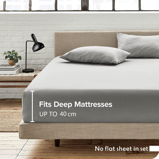 2 Piece Fitted Sheet Set- Fitted Sheet & Pillowcases -Breathable Bedding - Wrinkle, Fade, Stain Resistant- 40cm Deep Pocket Fitted Bed Sheet Set(Silver-gray,King Single)