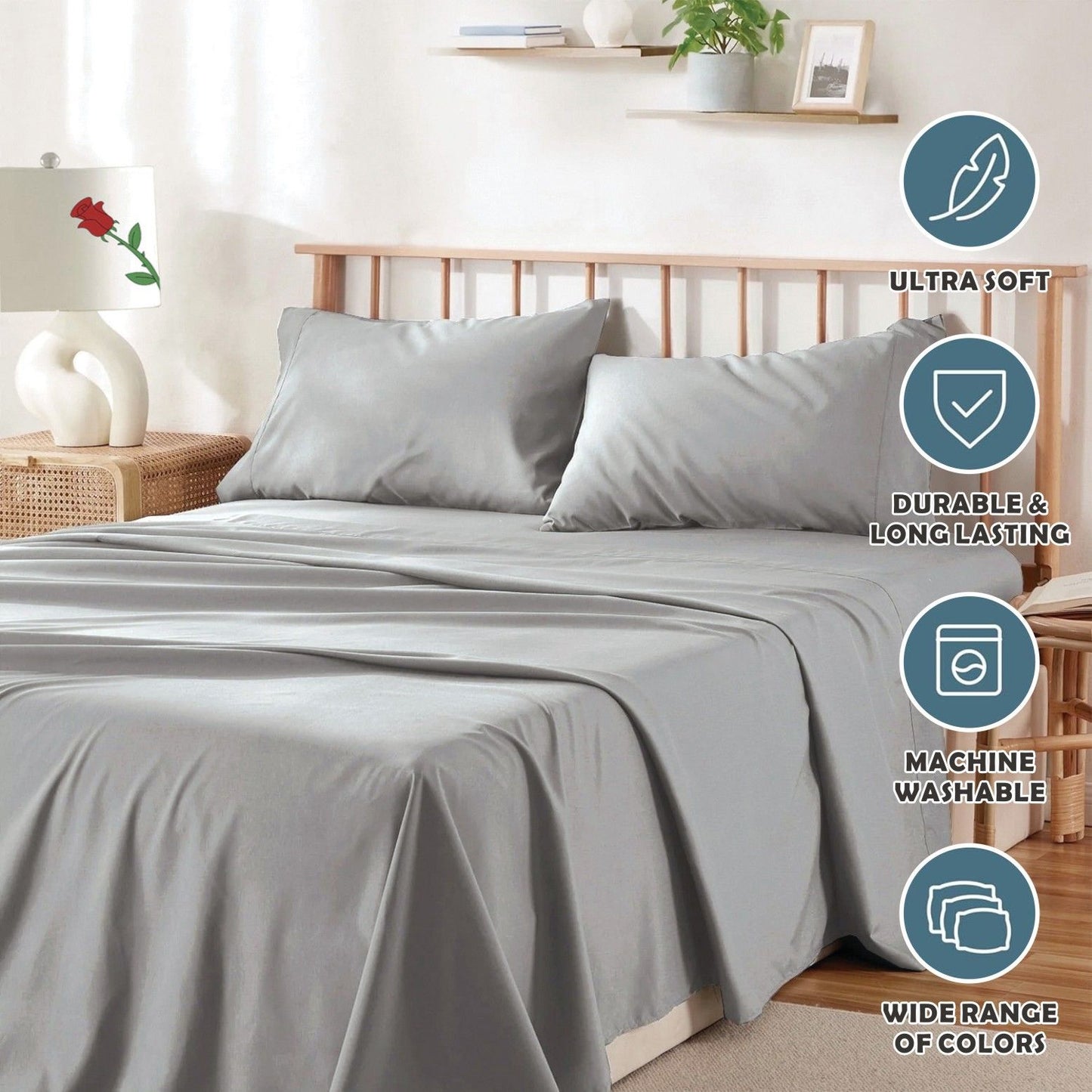 3 Piece Bed Sheet Set- Bedding Sheets & Pillowcases -Breathable Bedding - Wrinkle, Fade, Stain Resistant-Deep Pocket Flat Fitted Bed Sheet Set(Silver-gray,King Single)