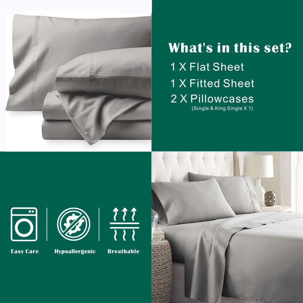 3 Piece Bed Sheet Set- Bedding Sheets & Pillowcases -Breathable Bedding - Wrinkle, Fade, Stain Resistant-Deep Pocket Flat Fitted Bed Sheet Set(Silver-gray,King Single)