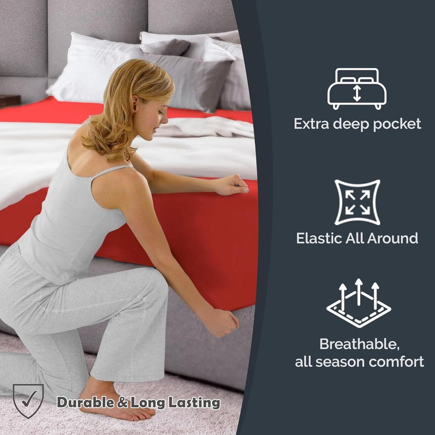 Hotel Quality Fitted Sheet - 1 Piece Fitted Sheet  -Breathable Bedding - Wrinkle, Fade, Stain Resistant- 16inch/40cm Deep Pocket Fitted Bed Sheet-Wrinkle and Fade Resistant,(Red,King Single)