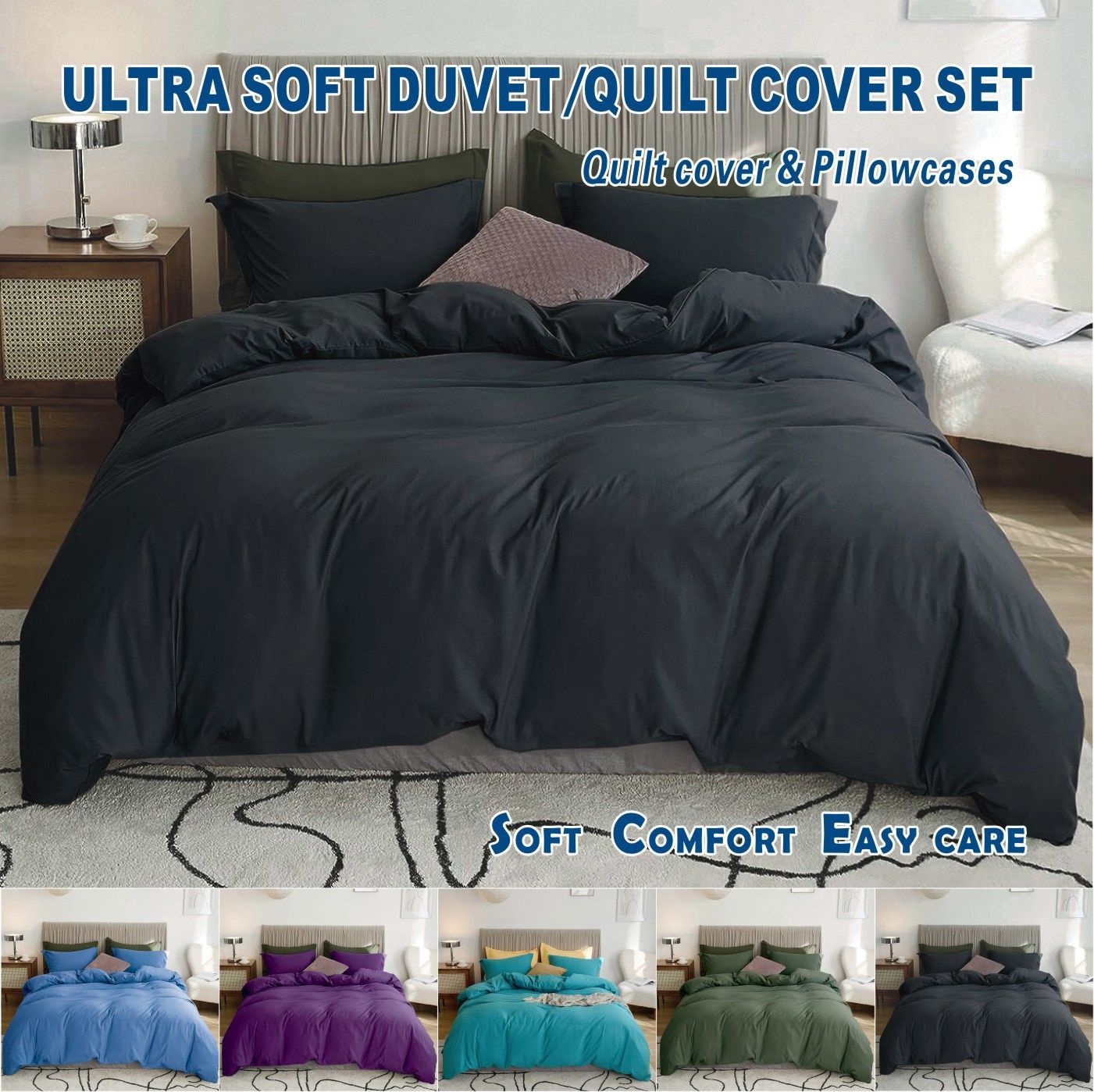3 Piece Hotel Soft Microfiber Quilt Cover Set-2000TC Duvet/Donna Cover Set & Pillowcases -1 Quilt Cover Zipper Closure & 1 x Pillowcases-Breathable Bedding - Wrinkle, Fade, Stain Resistant(Black,Queen)