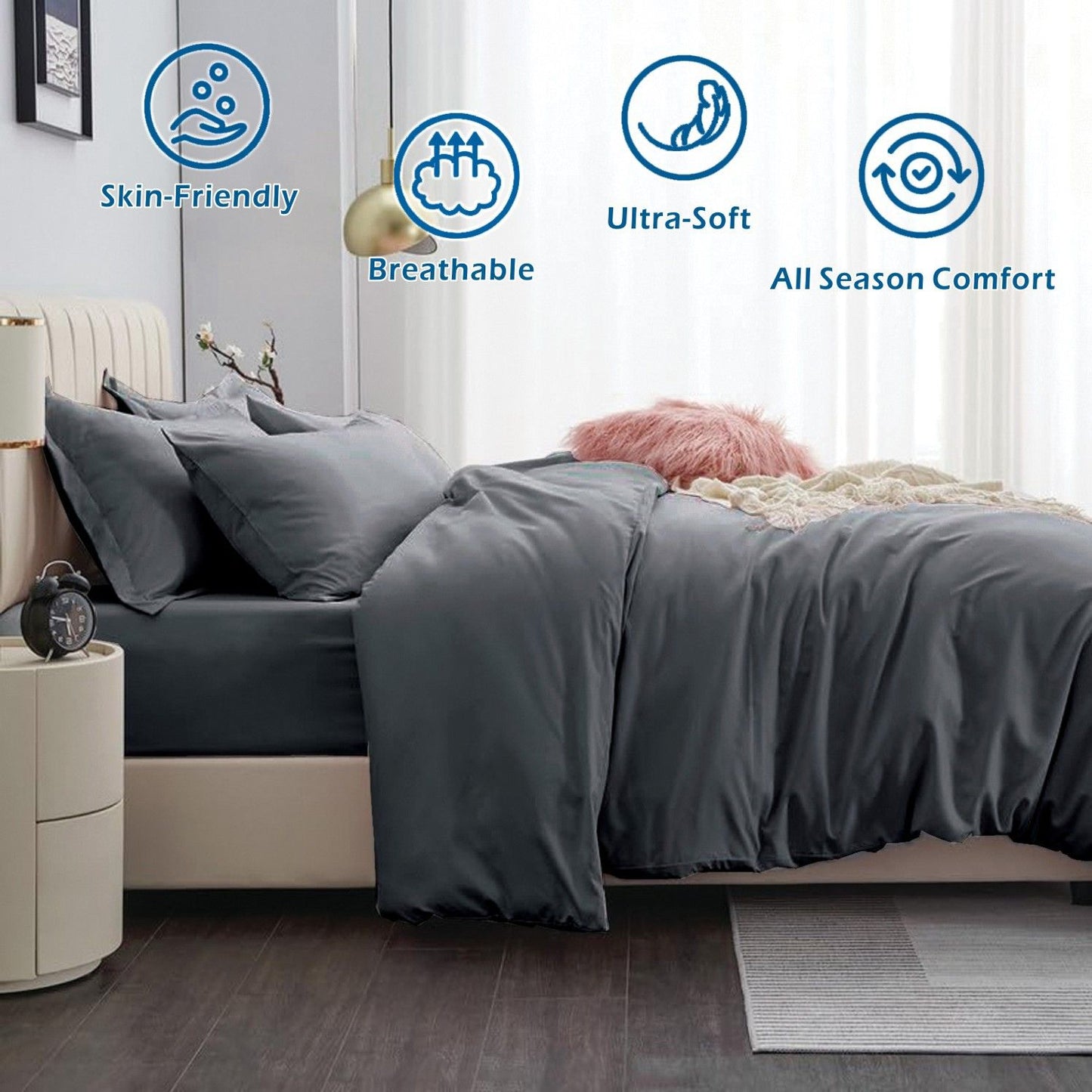 3 Piece Hotel Soft Microfiber Quilt Cover Set-2000TC Duvet/Donna Cover Set & Pillowcases -1 Quilt Cover Zipper Closure & 1 x Pillowcases-Breathable Bedding - Wrinkle, Fade, Stain Resistant(Dark gray,Queen)