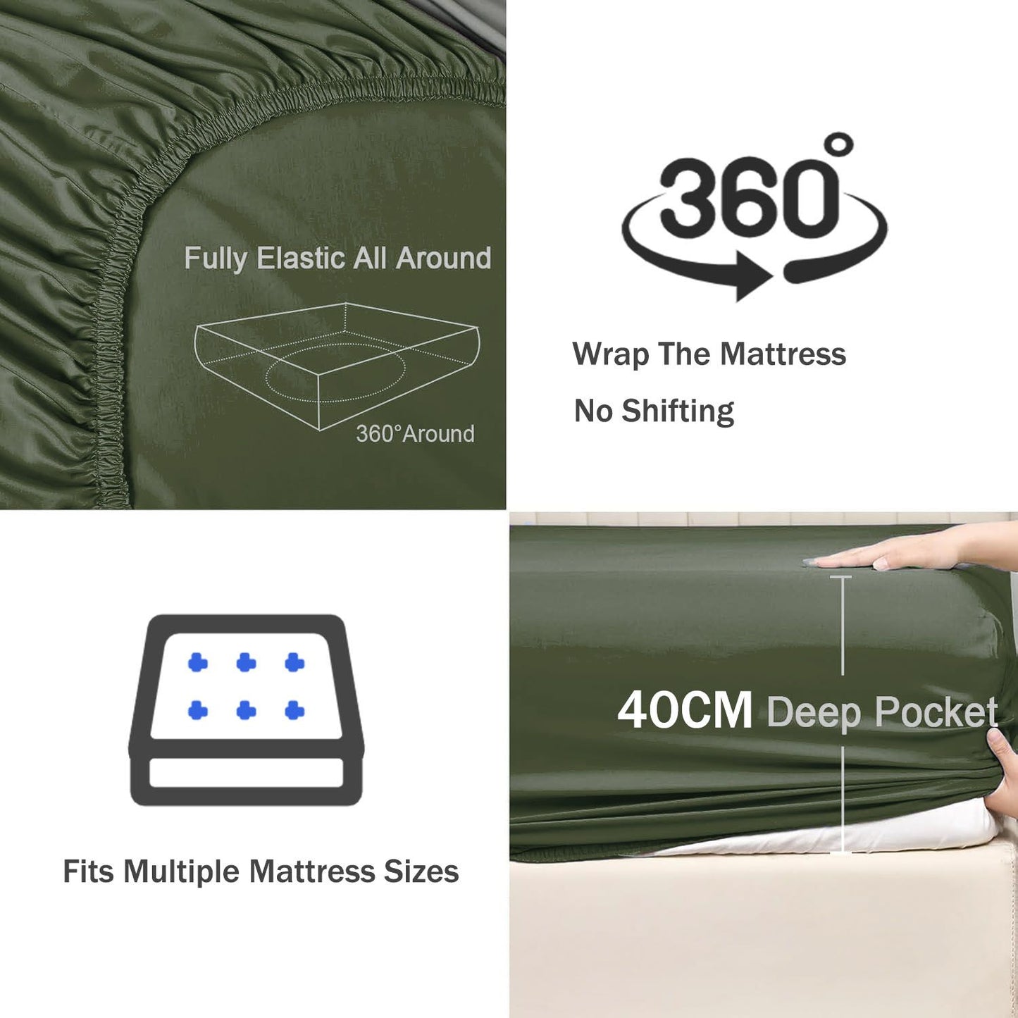 3 Piece Fitted Sheet Set- Fitted Sheet & Pillowcases -Breathable Bedding - Wrinkle, Fade, Stain Resistant- 40cm Deep Pocket Fitted Bed Sheet Set(Olive green,Queen)
