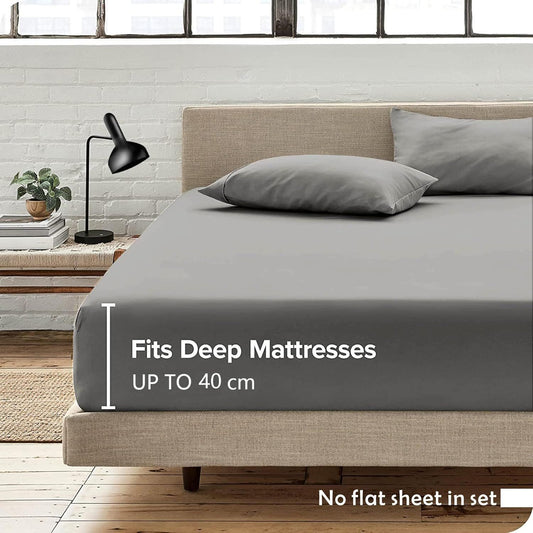 2 Piece Fitted Sheet Set- Fitted Sheet & Pillowcases -Breathable Bedding - Wrinkle, Fade, Stain Resistant- 40cm Deep Pocket Fitted Bed Sheet Set(Grey,Single)
