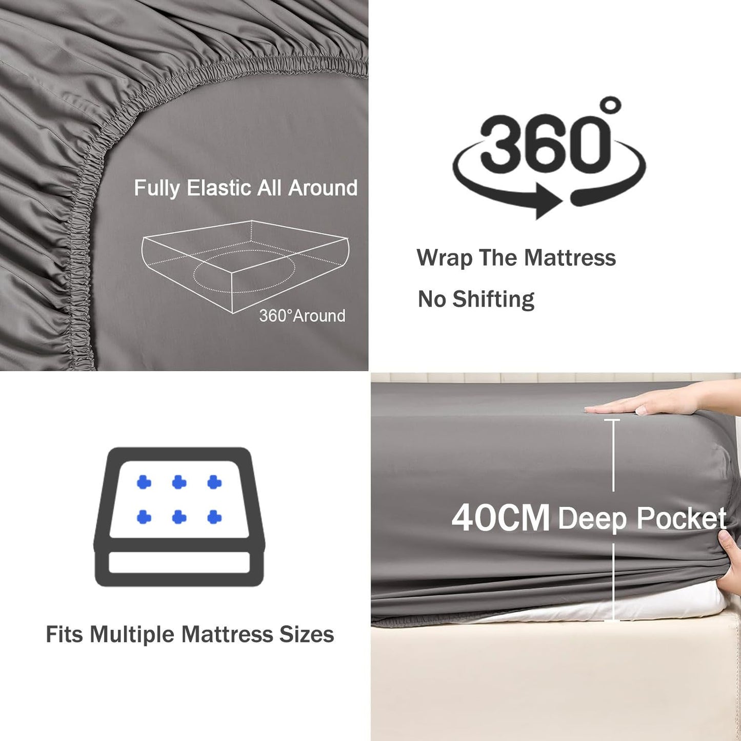2 Piece Fitted Sheet Set- Fitted Sheet & Pillowcases -Breathable Bedding - Wrinkle, Fade, Stain Resistant- 40cm Deep Pocket Fitted Bed Sheet Set(Grey,Single)