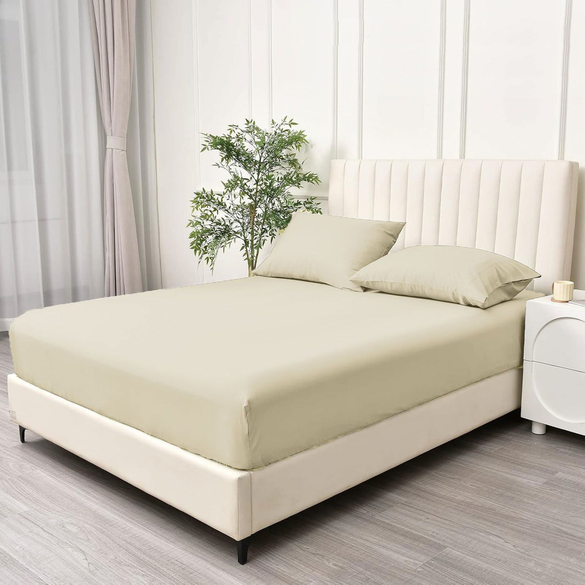 2 Piece Fitted Sheet Set- Fitted Sheet & Pillowcases -Breathable Bedding - Wrinkle, Fade, Stain Resistant- 40cm Deep Pocket Fitted Bed Sheet Set(Cream White,Single)