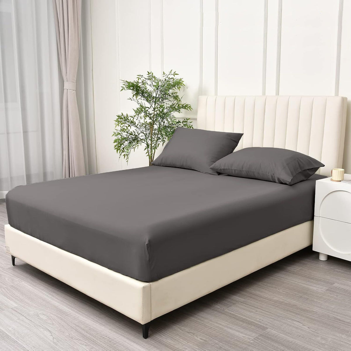 2 Piece Fitted Sheet Set- Fitted Sheet & Pillowcases -Breathable Bedding - Wrinkle, Fade, Stain Resistant- 40cm Deep Pocket Fitted Bed Sheet Set(Dark gray,Single)