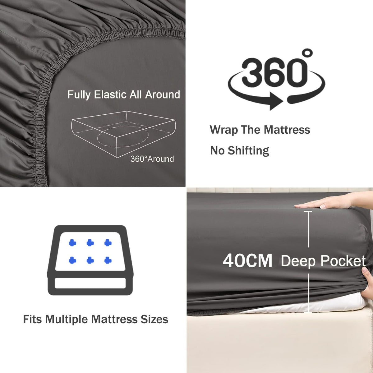 2 Piece Fitted Sheet Set- Fitted Sheet & Pillowcases -Breathable Bedding - Wrinkle, Fade, Stain Resistant- 40cm Deep Pocket Fitted Bed Sheet Set(Dark gray,Single)