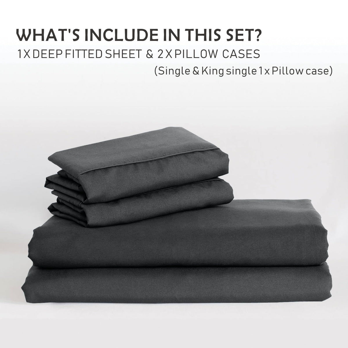 2 Piece Fitted Sheet Set- Fitted Sheet & Pillowcases -Breathable Bedding - Wrinkle, Fade, Stain Resistant- 40cm Deep Pocket Fitted Bed Sheet Set(Dark gray,Single)