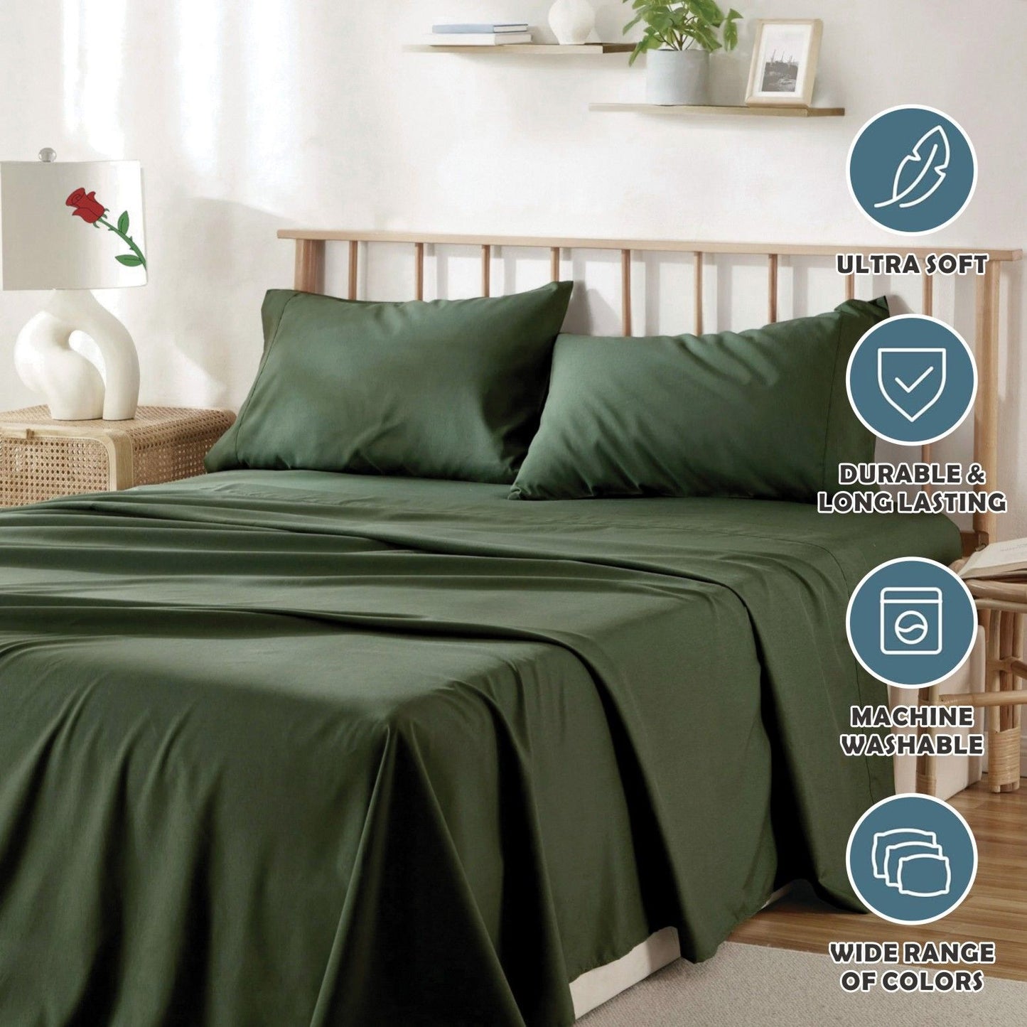 3 Piece Bed Sheet Set- Bedding Sheets & Pillowcases -Breathable Bedding - Wrinkle, Fade, Stain Resistant-Deep Pocket Flat Fitted Bed Sheet Set(Olive green,Single)