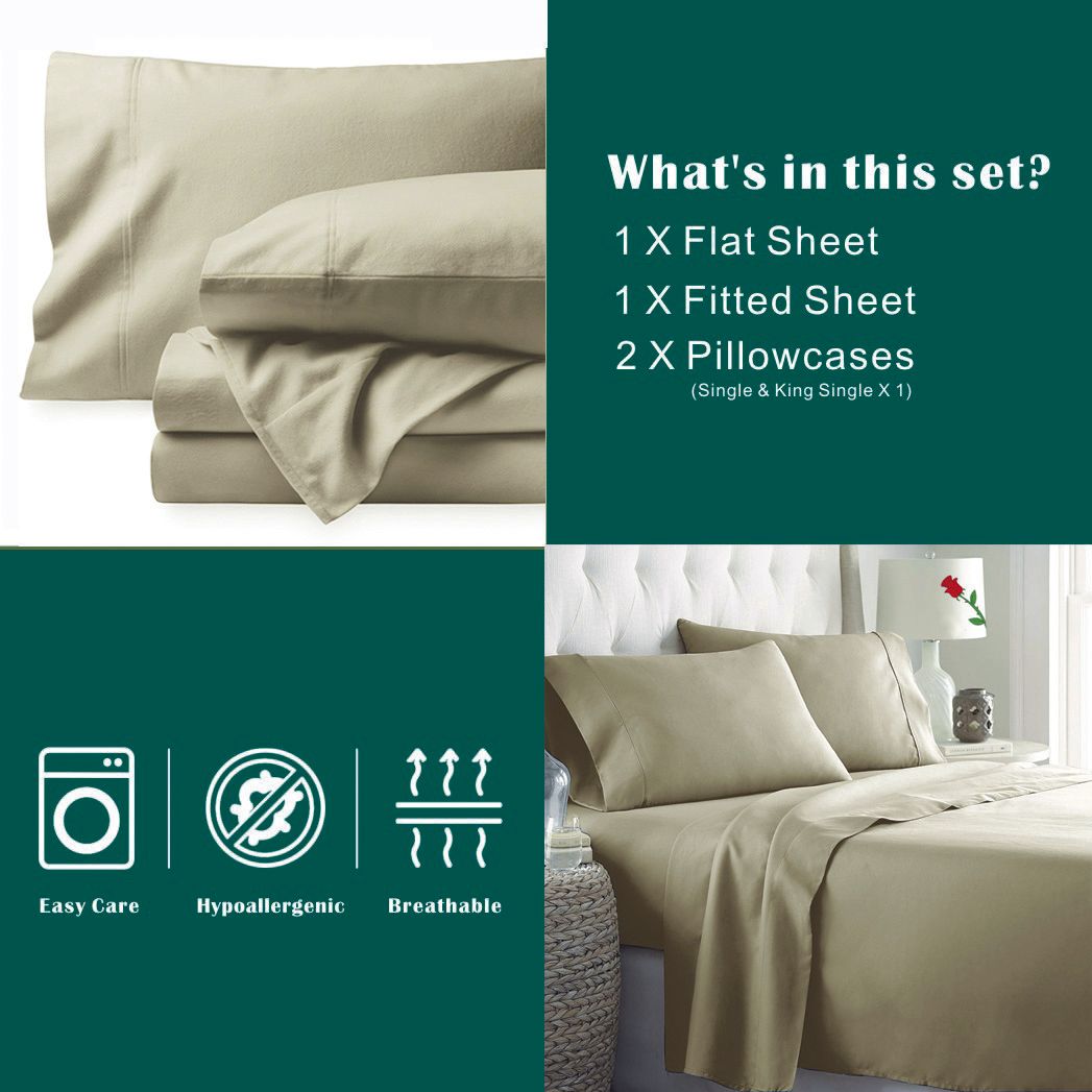 3 Piece Bed Sheet Set- Bedding Sheets & Pillowcases -Breathable Bedding - Wrinkle, Fade, Stain Resistant-Deep Pocket Flat Fitted Bed Sheet Set(Cream White,Single)