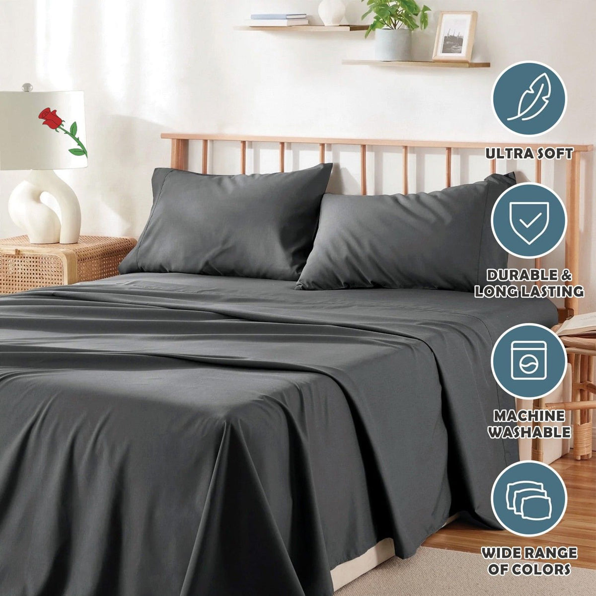 3 Piece Bed Sheet Set- Bedding Sheets & Pillowcases -Breathable Bedding - Wrinkle, Fade, Stain Resistant-Deep Pocket Flat Fitted Bed Sheet Set(Dark gray,Single)