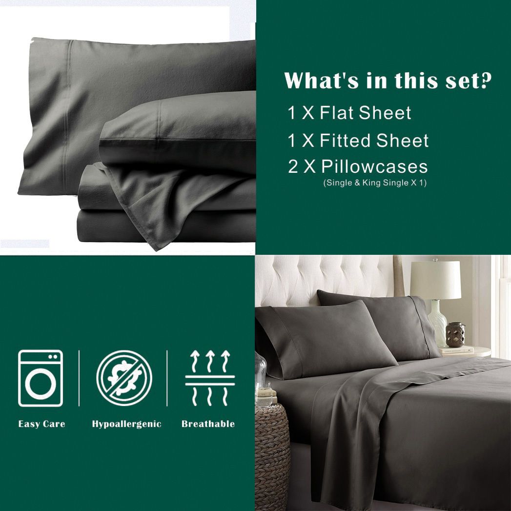 3 Piece Bed Sheet Set- Bedding Sheets & Pillowcases -Breathable Bedding - Wrinkle, Fade, Stain Resistant-Deep Pocket Flat Fitted Bed Sheet Set(Dark gray,Single)