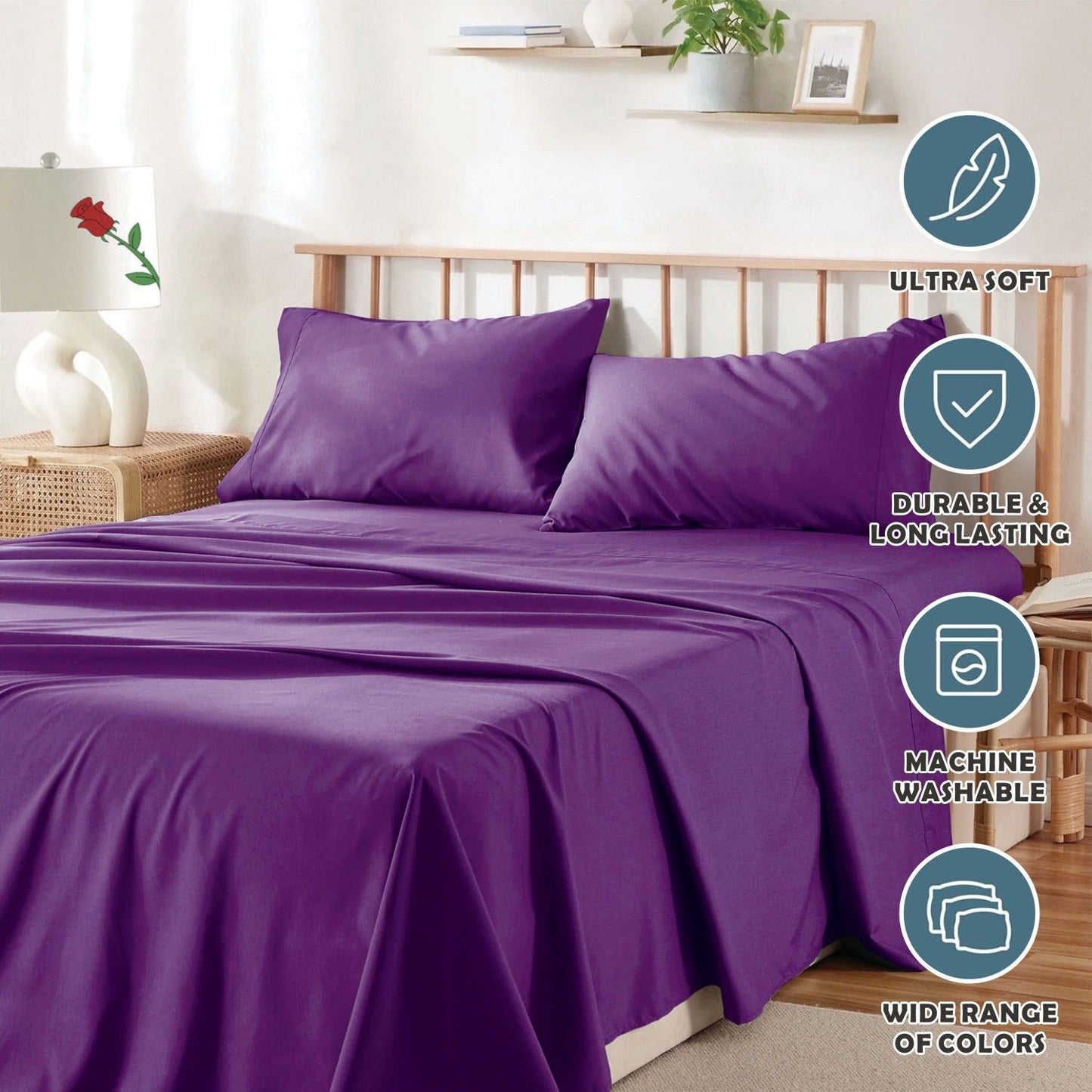3 Piece Bed Sheet Set- Bedding Sheets & Pillowcases -Breathable Bedding - Wrinkle, Fade, Stain Resistant-Deep Pocket Flat Fitted Bed Sheet Set(Purple,Single)