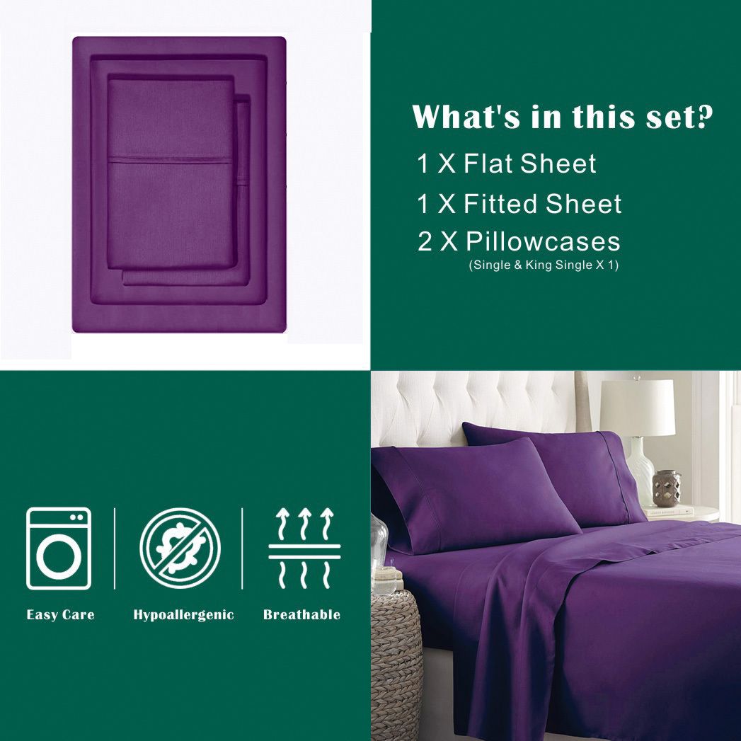 3 Piece Bed Sheet Set- Bedding Sheets & Pillowcases -Breathable Bedding - Wrinkle, Fade, Stain Resistant-Deep Pocket Flat Fitted Bed Sheet Set(Purple,Single)